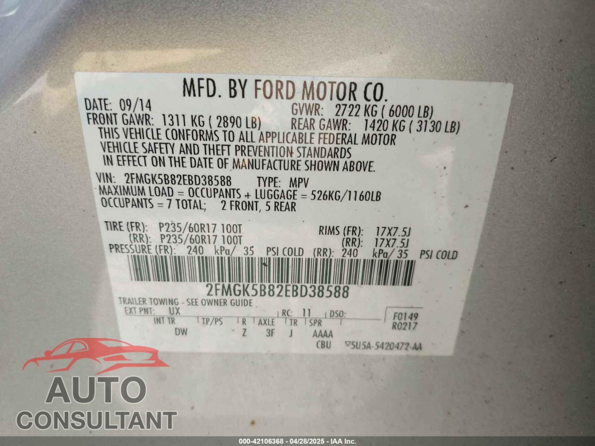 FORD FLEX 2014 - 2FMGK5B82EBD38588