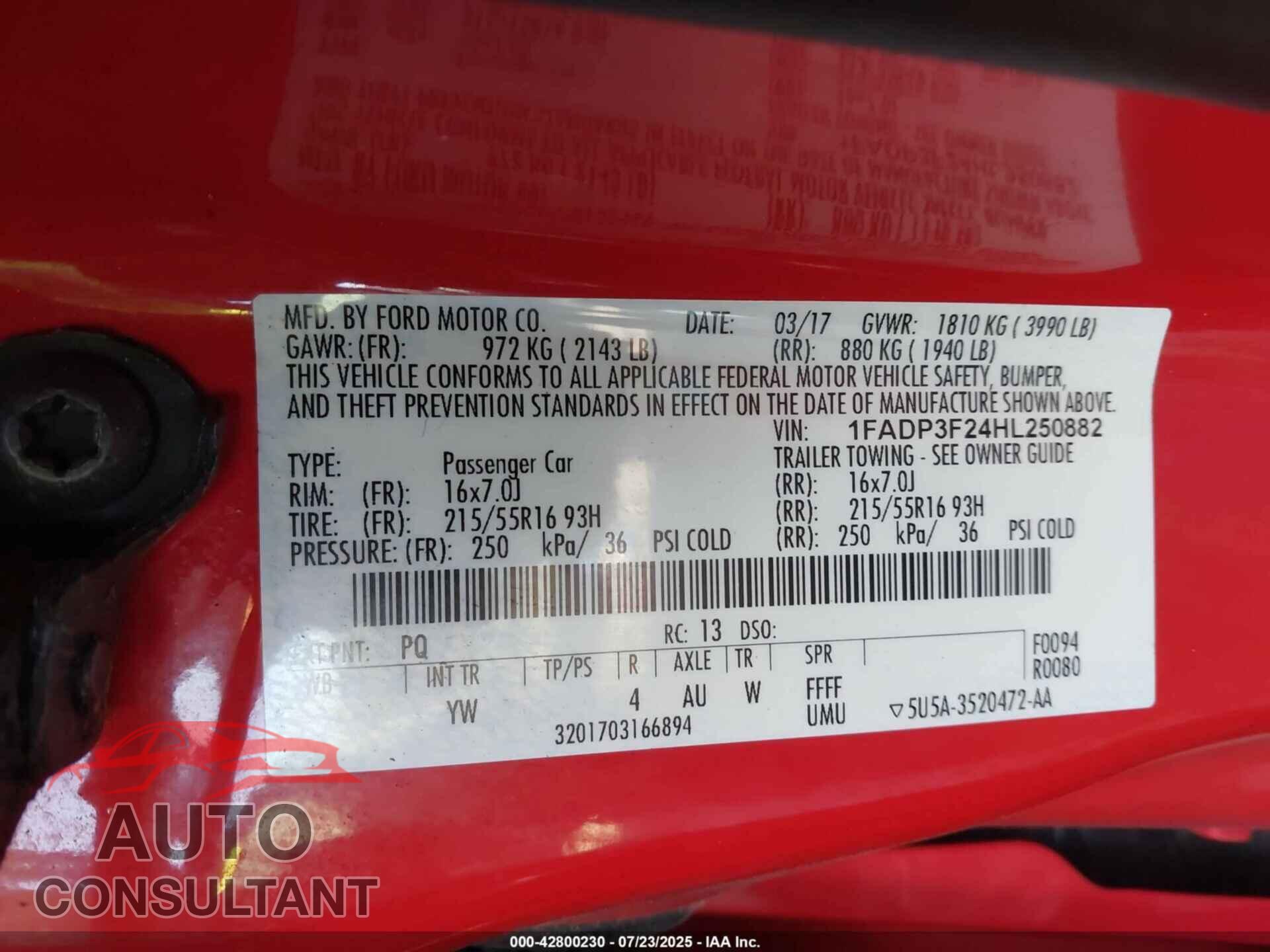 FORD FOCUS 2017 - 1FADP3F24HL250882