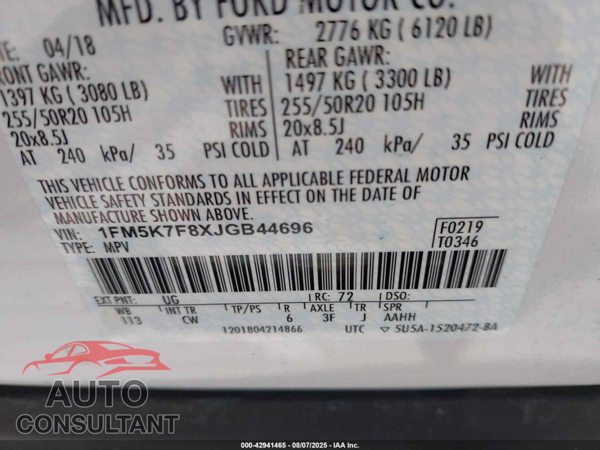 FORD EXPLORER 2018 - 1FM5K7F8XJGB44696