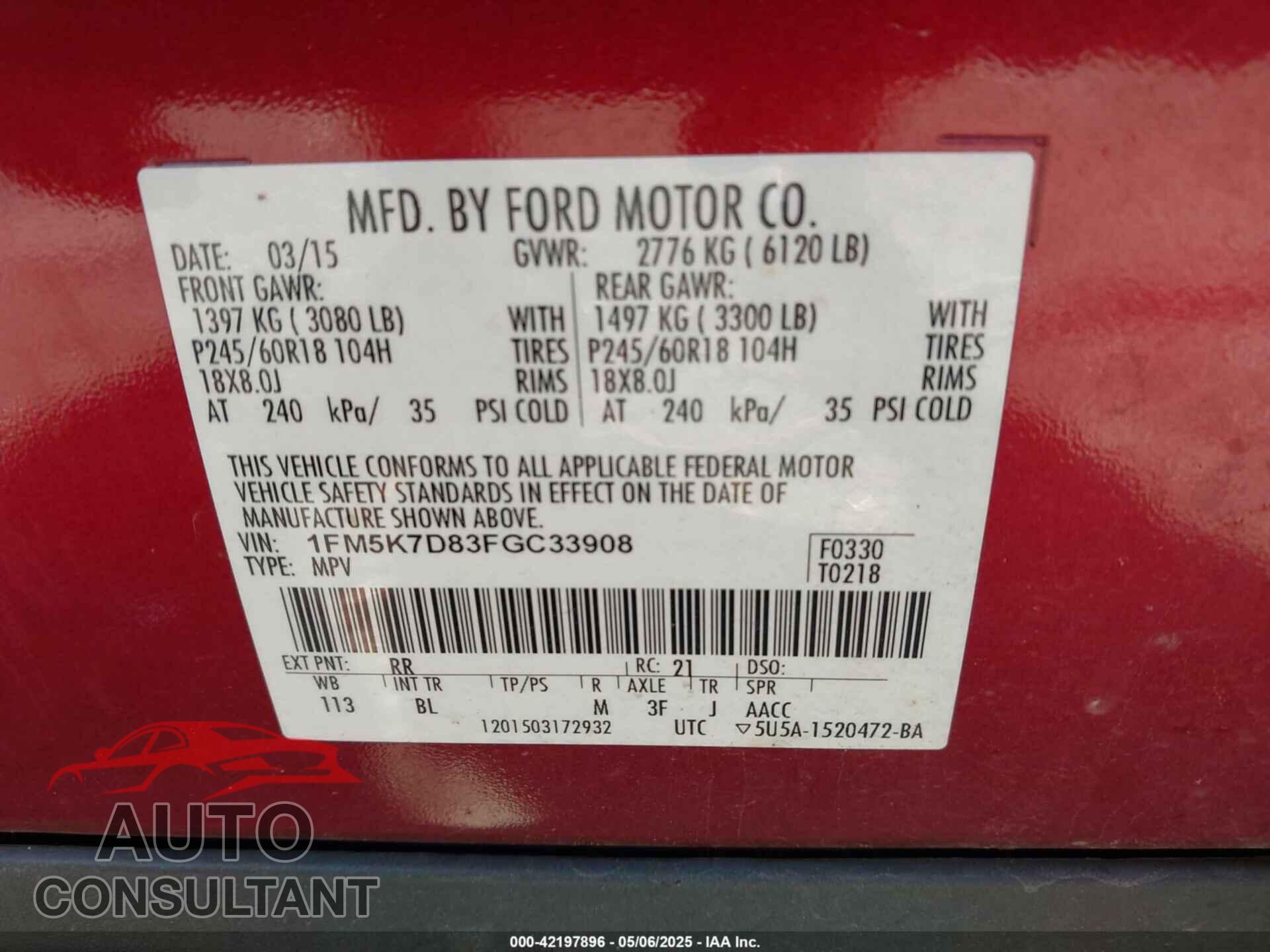 FORD EXPLORER 2015 - 1FM5K7D83FGC33908