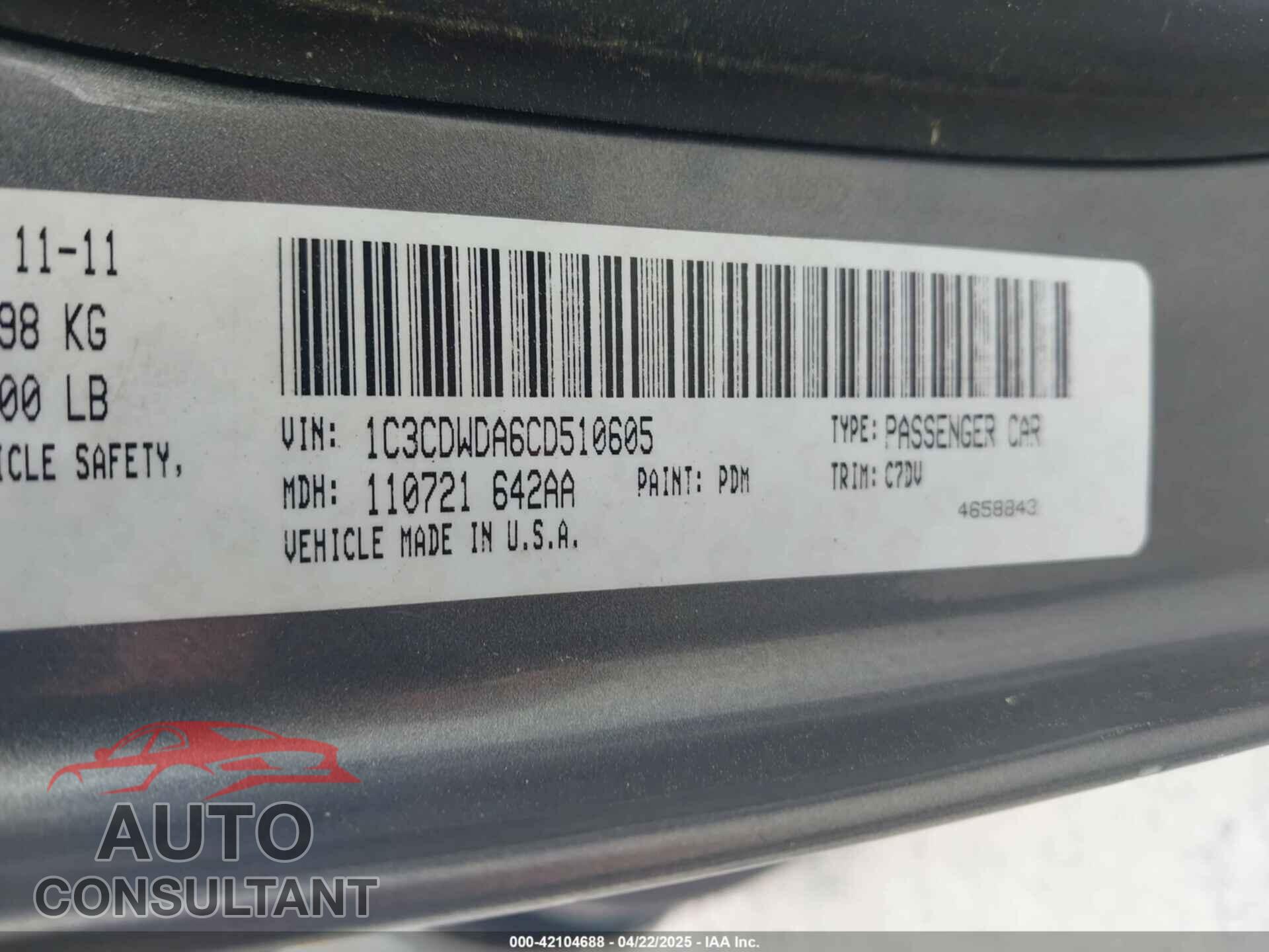 DODGE CALIBER 2012 - 1C3CDWDA6CD510605