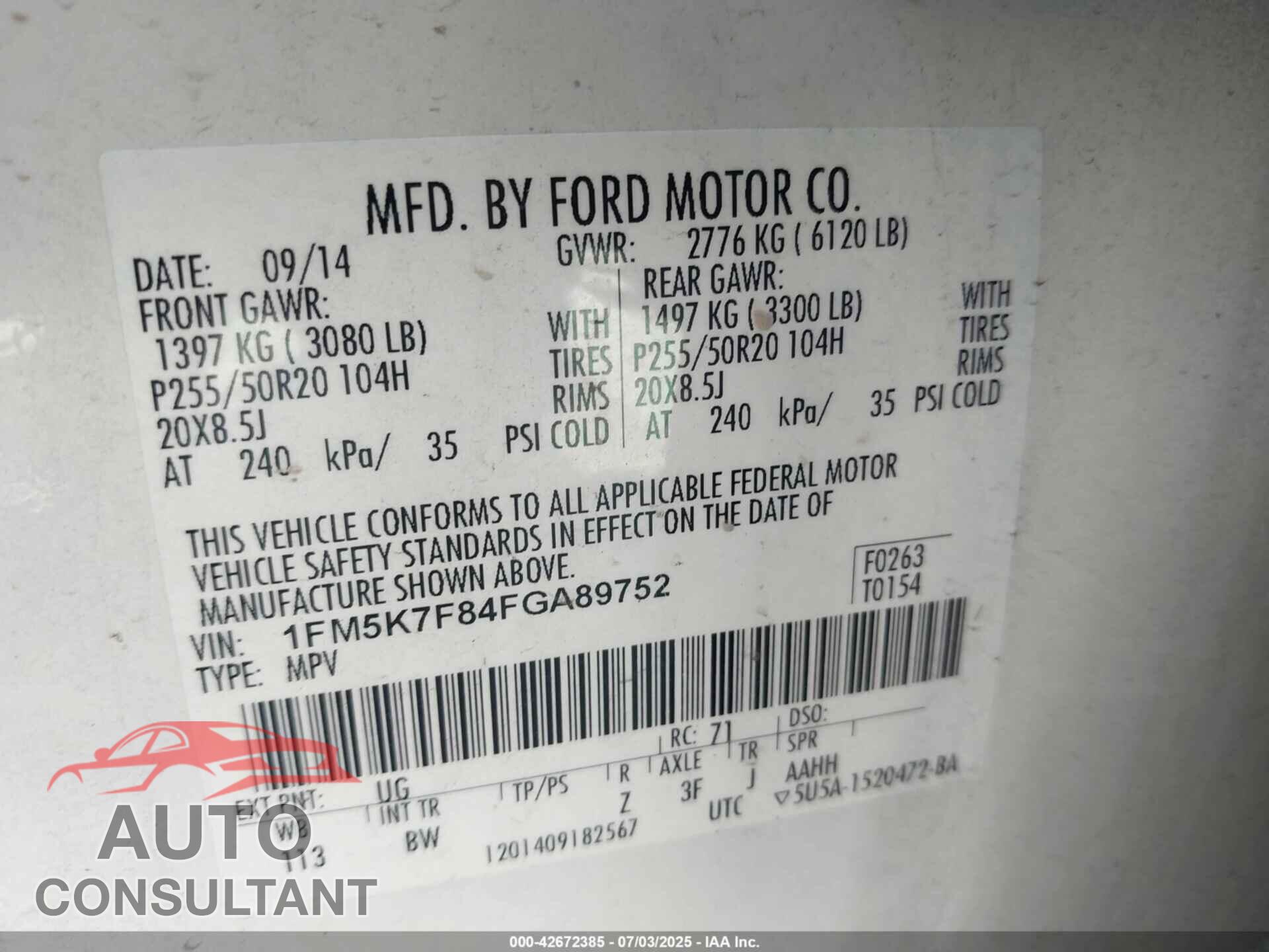 FORD EXPLORER 2015 - 1FM5K7F84FGA89752