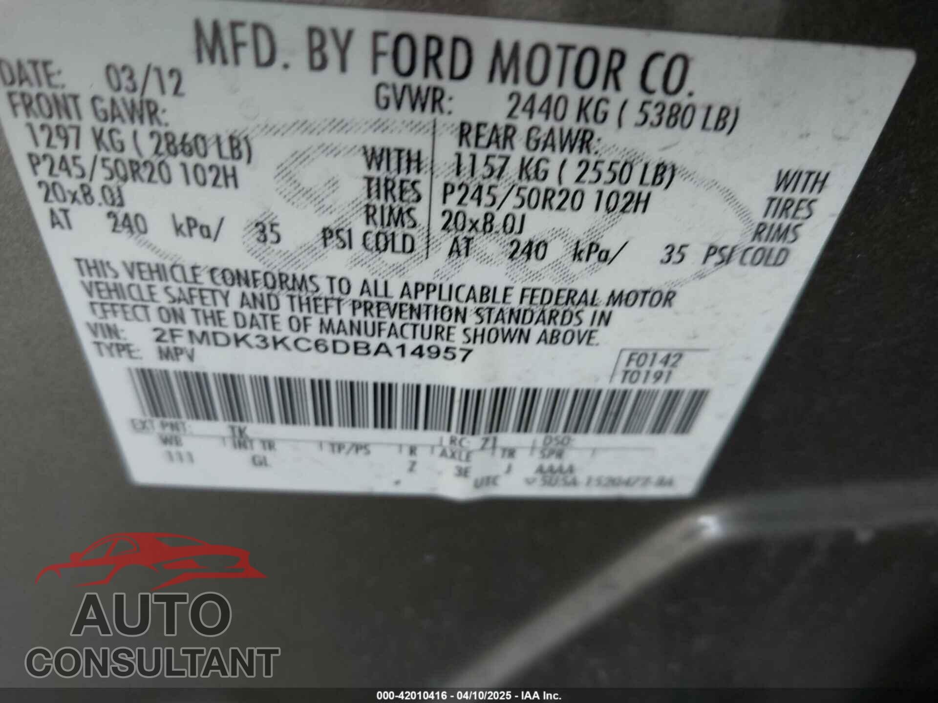 FORD EDGE 2013 - 2FMDK3KC6DBA14957