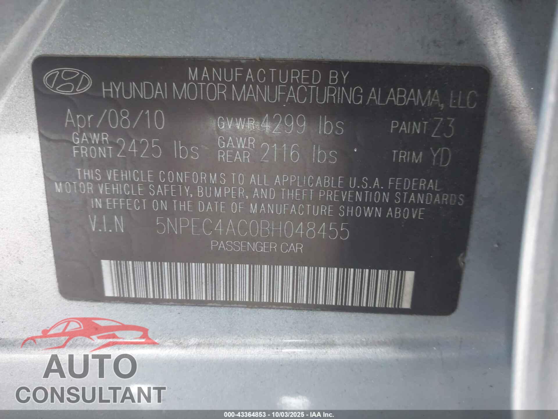 HYUNDAI SONATA 2011 - 5NPEC4AC0BH048455