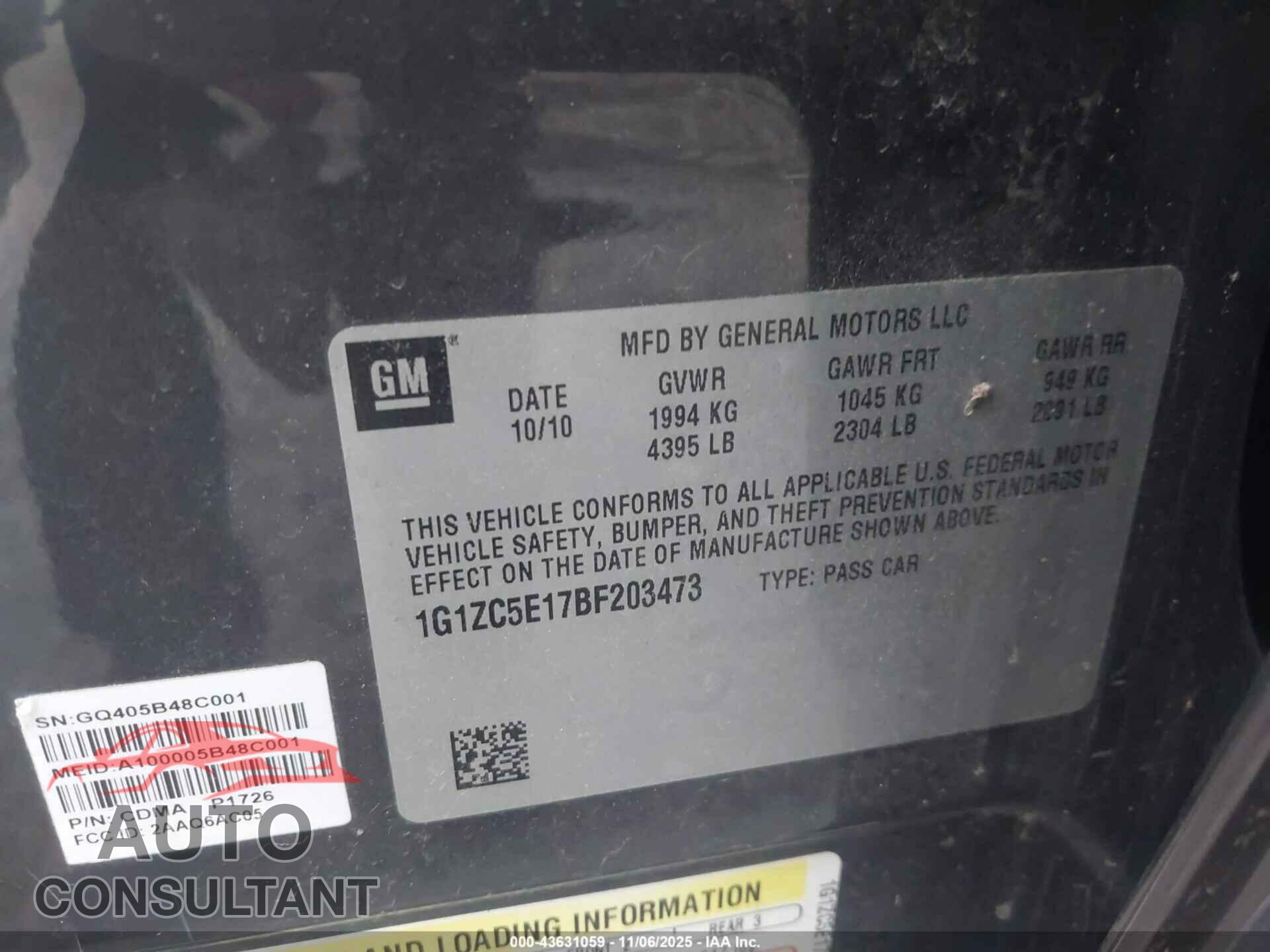 CHEVROLET MALIBU 2011 - 1G1ZC5E17BF203473