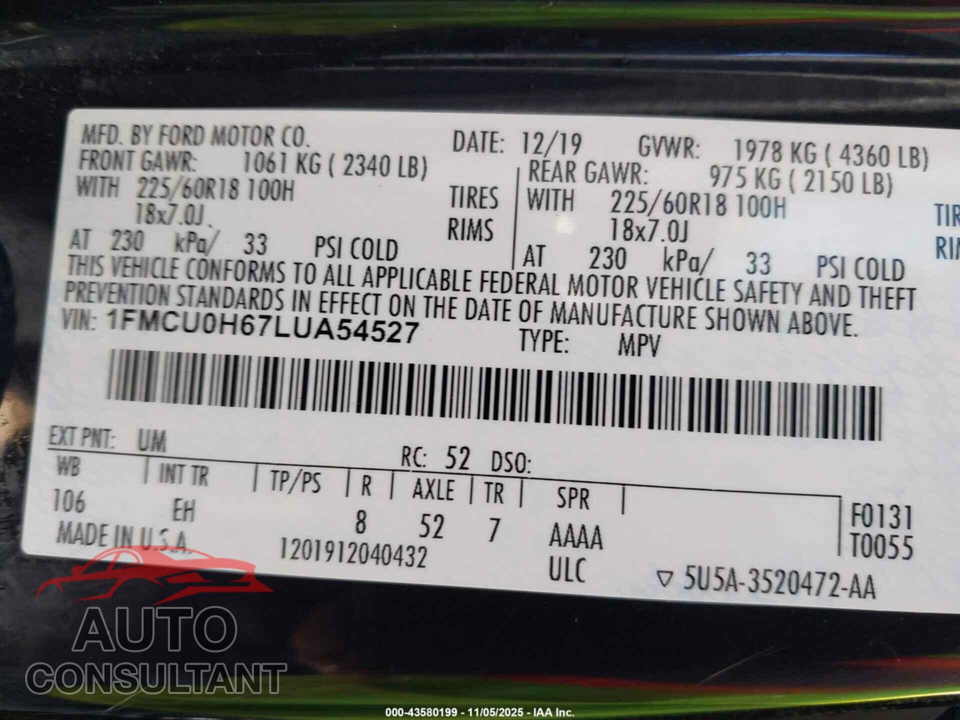 FORD ESCAPE 2020 - 1FMCU0H67LUA54527