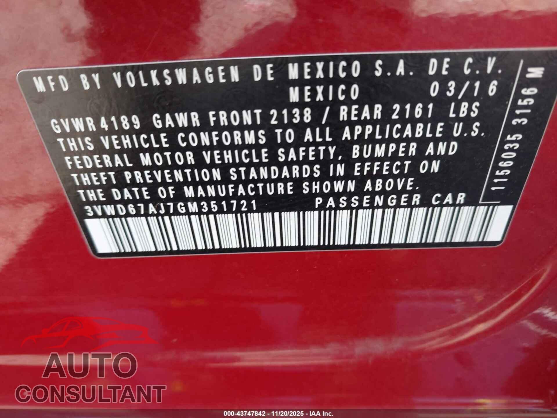 VOLKSWAGEN JETTA 2016 - 3VWD67AJ7GM351721