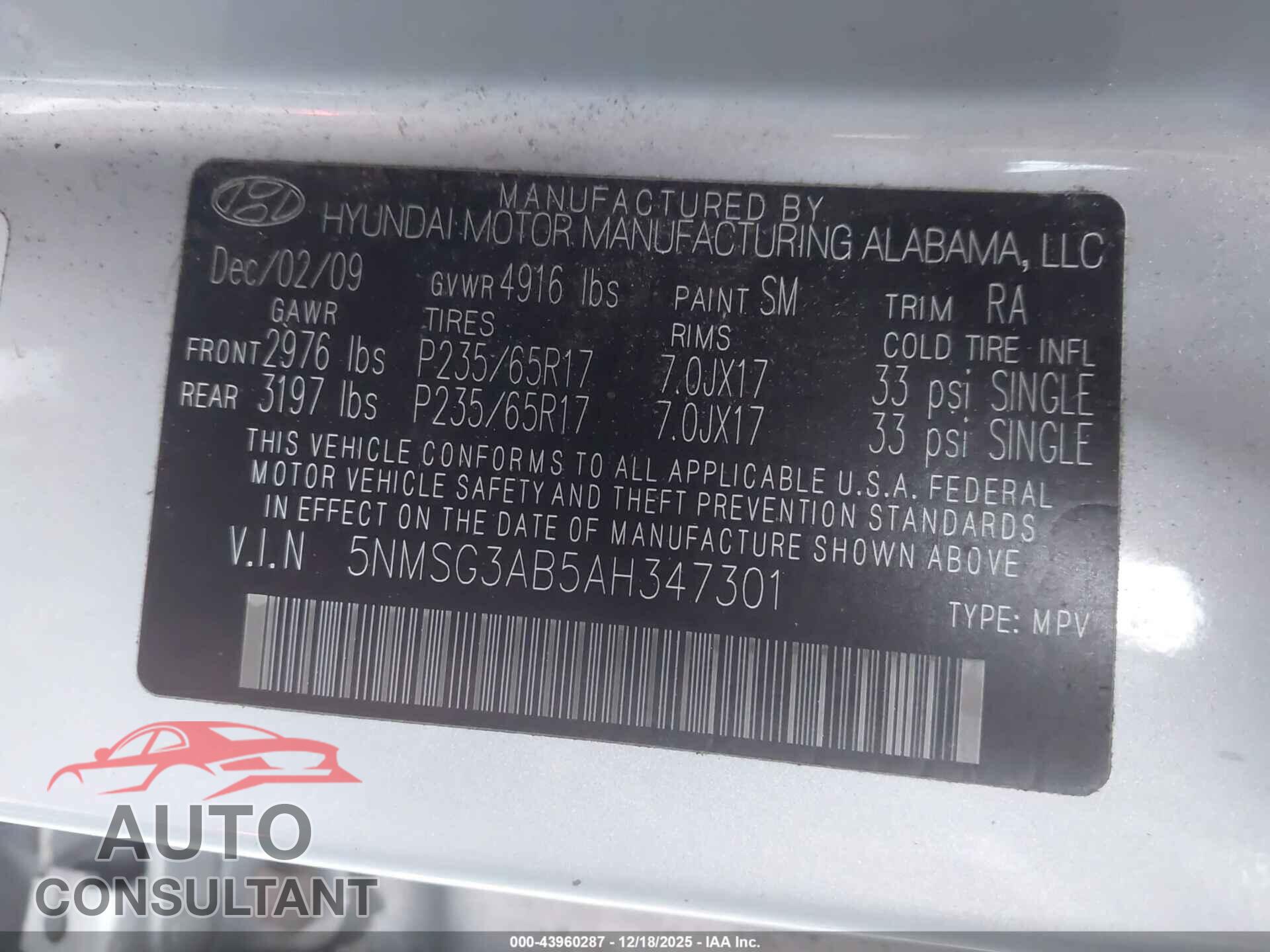 HYUNDAI SANTA FE 2010 - 5NMSG3AB5AH347301