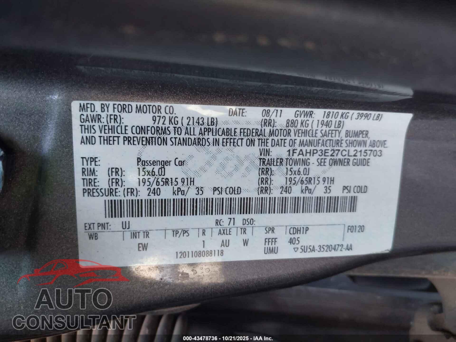 FORD FOCUS 2012 - 1FAHP3E27CL215703