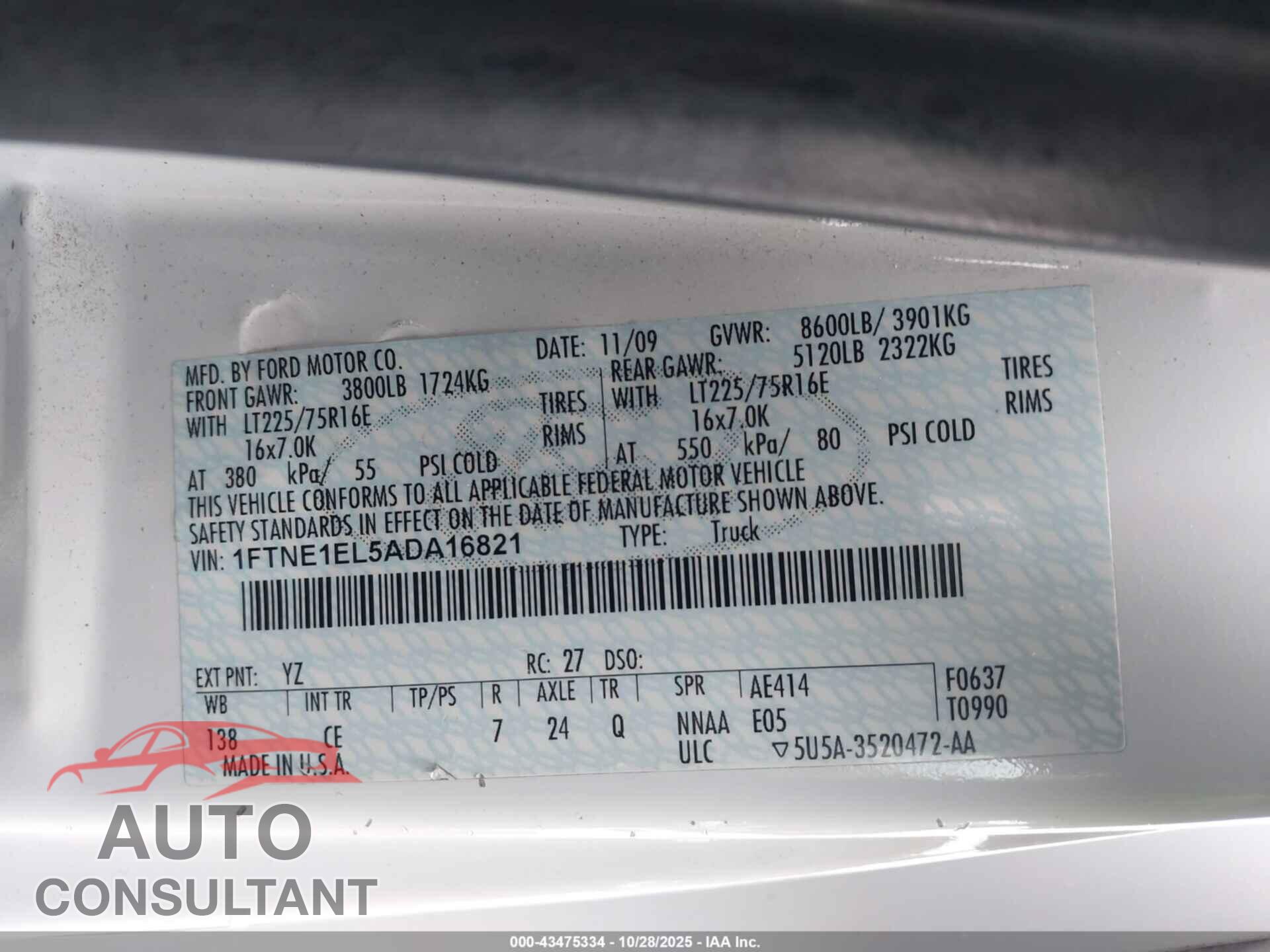FORD E-150 2010 - 1FTNE1EL5ADA16821