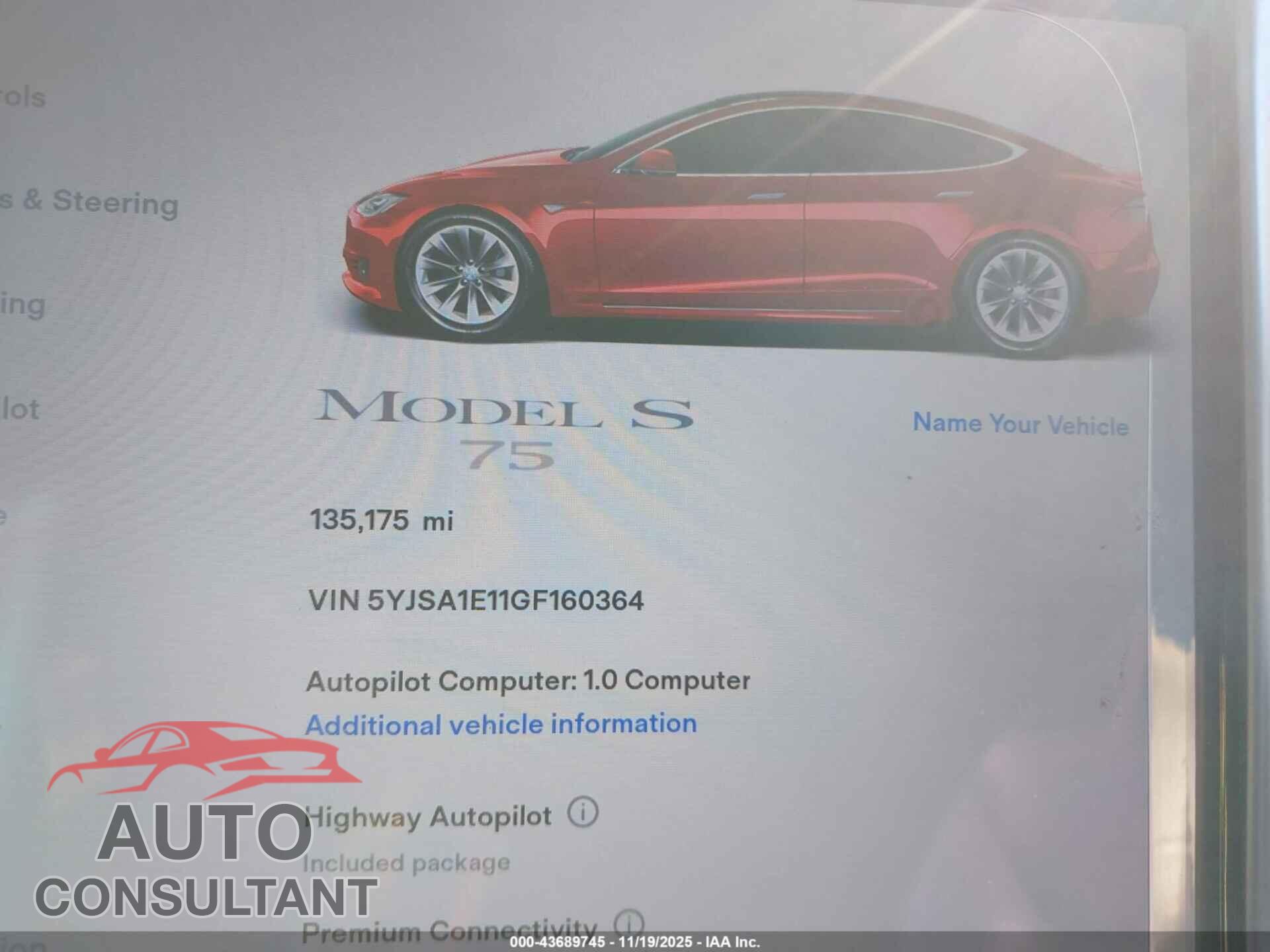 TESLA MODEL S 2016 - 5YJSA1E11GF160364