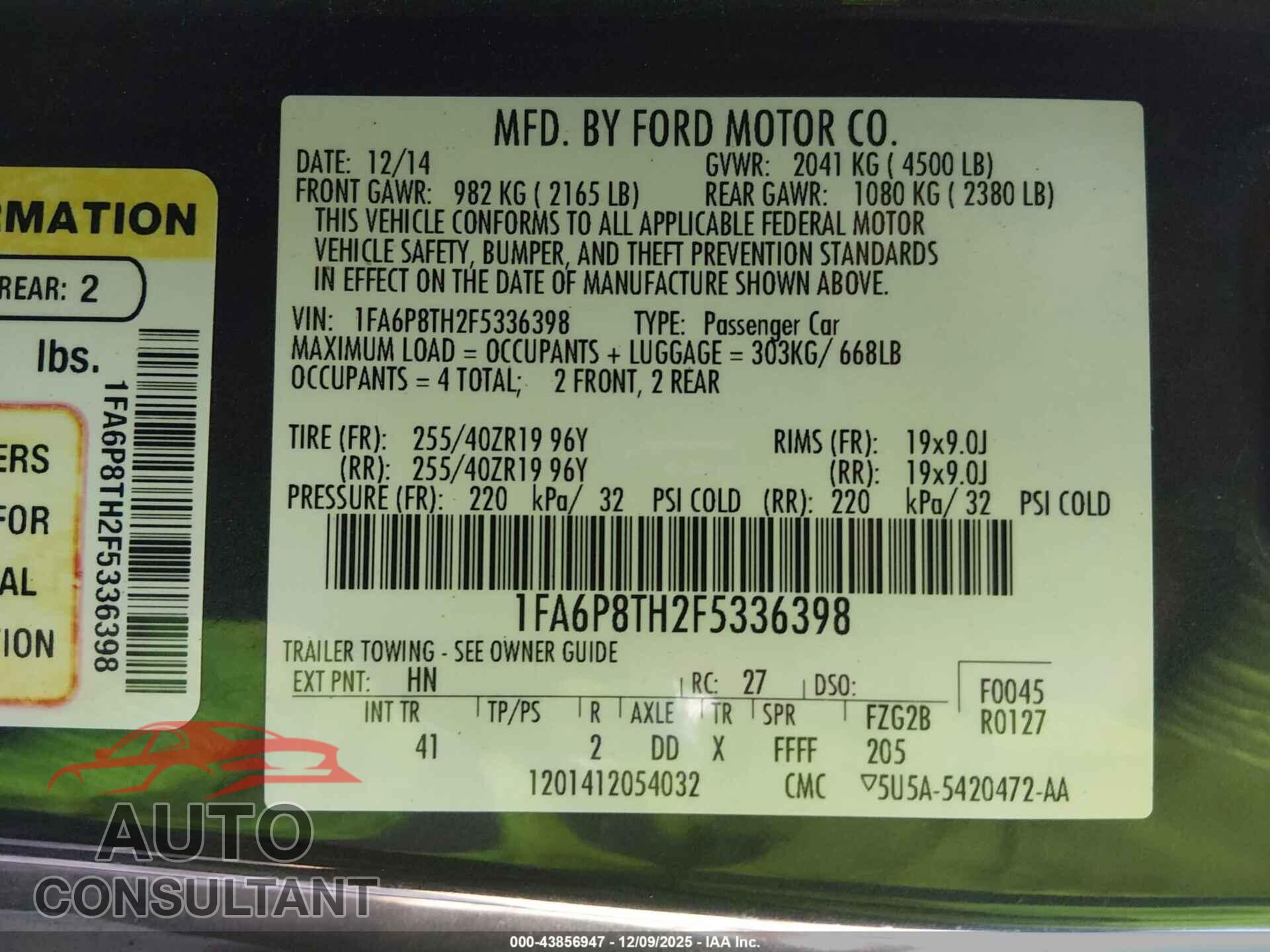 FORD MUSTANG 2015 - 1FA6P8TH2F5336398