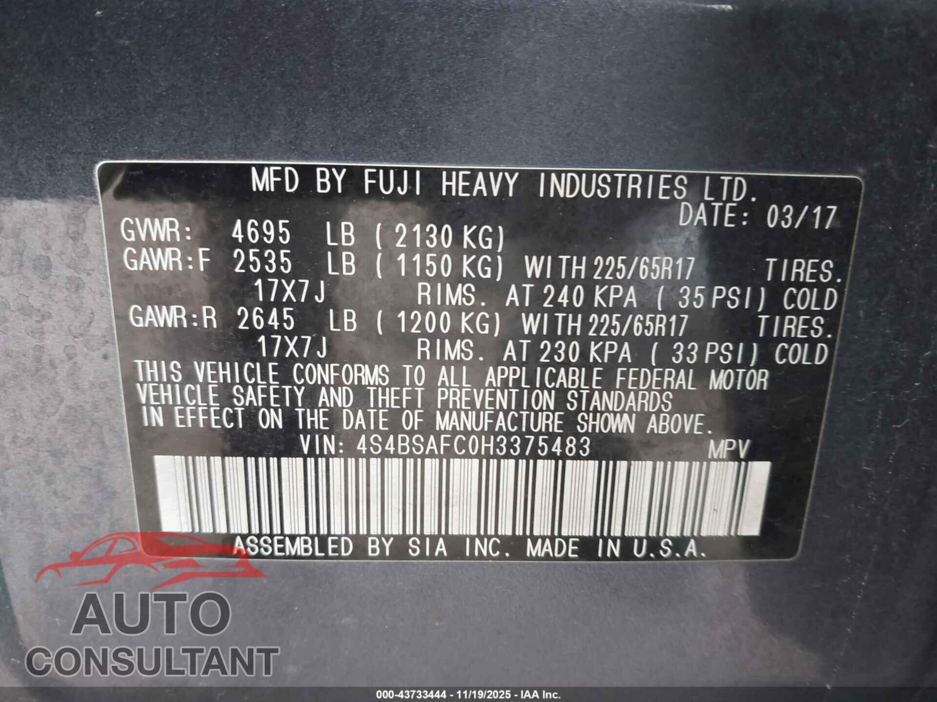 SUBARU OUTBACK 2017 - 4S4BSAFC0H3375483