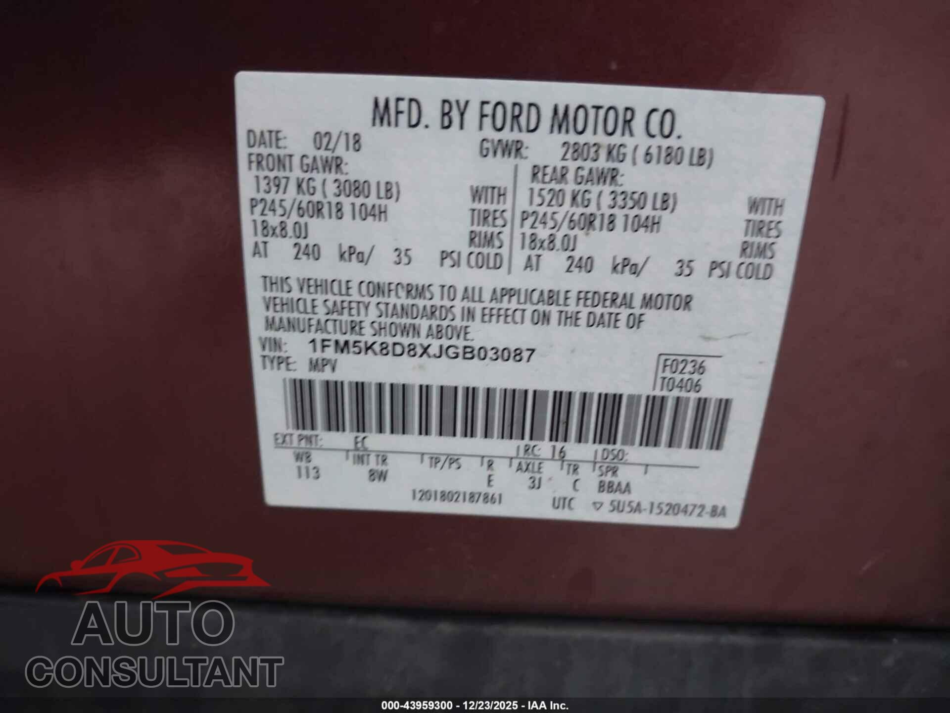 FORD EXPLORER 2018 - 1FM5K8D8XJGB03087