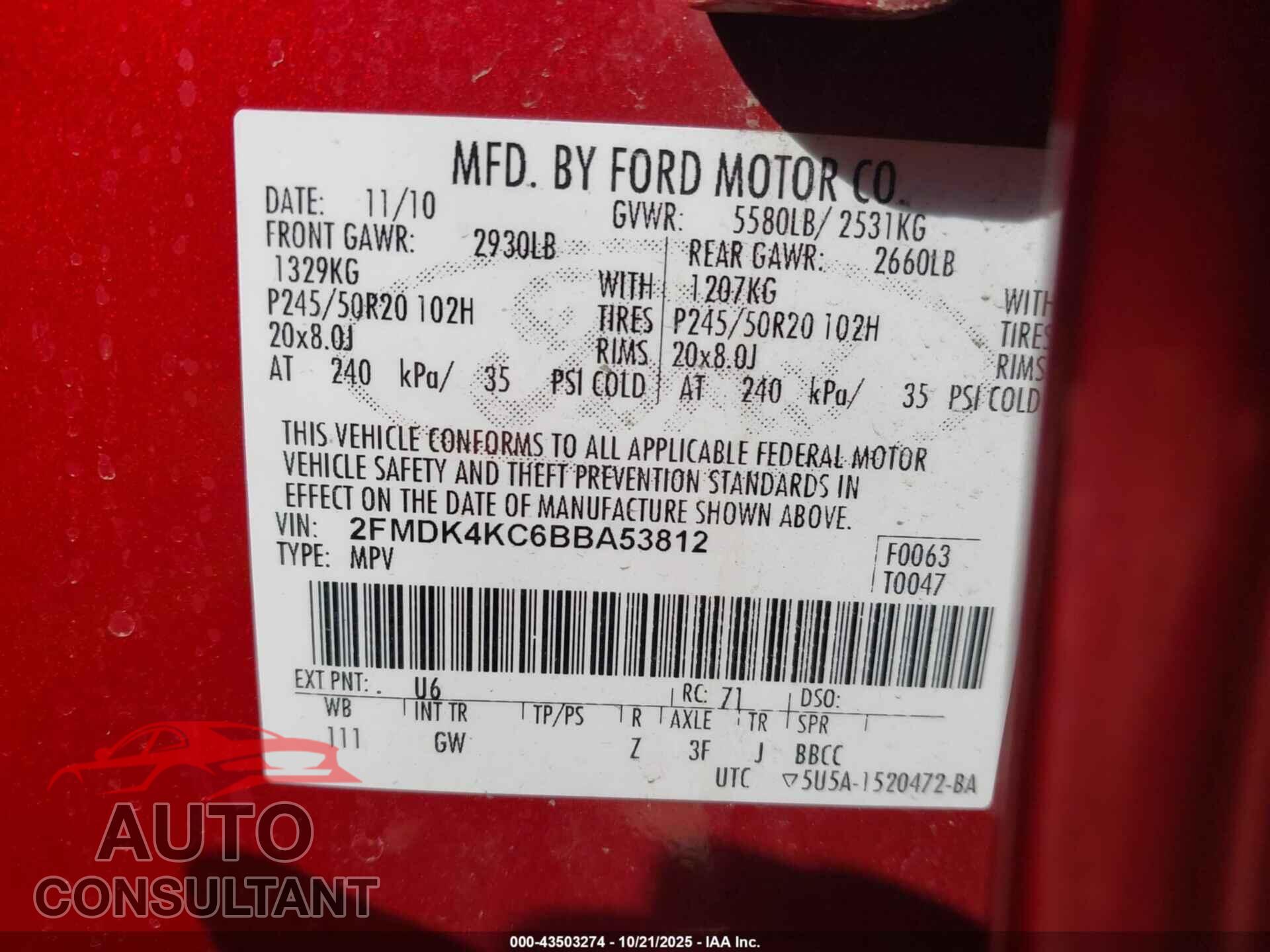 FORD EDGE 2011 - 2FMDK4KC6BBA53812