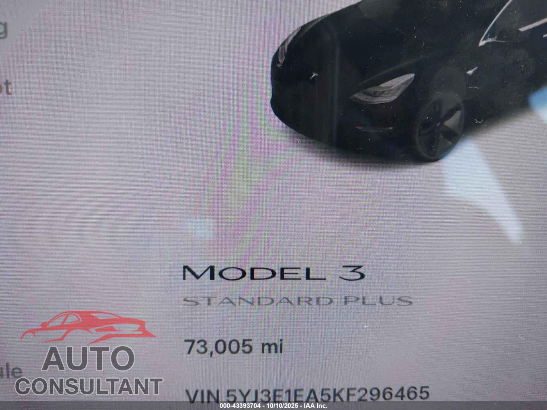 TESLA MODEL 3 2019 - 5YJ3E1EA5KF296465
