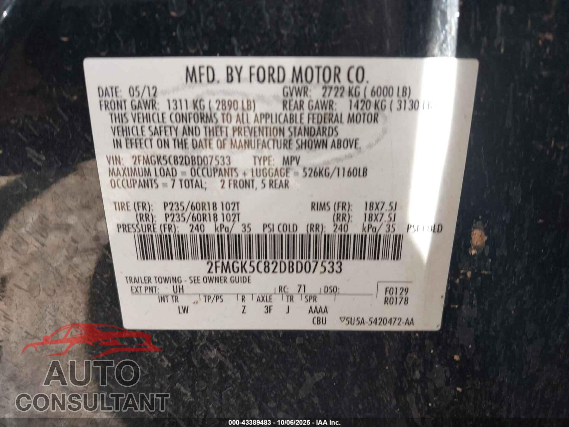 FORD FLEX 2013 - 2FMGK5C82DBD07533