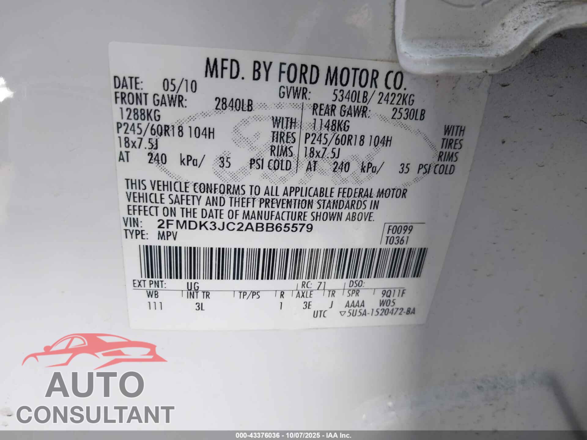 FORD EDGE 2010 - 2FMDK3JC2ABB65579