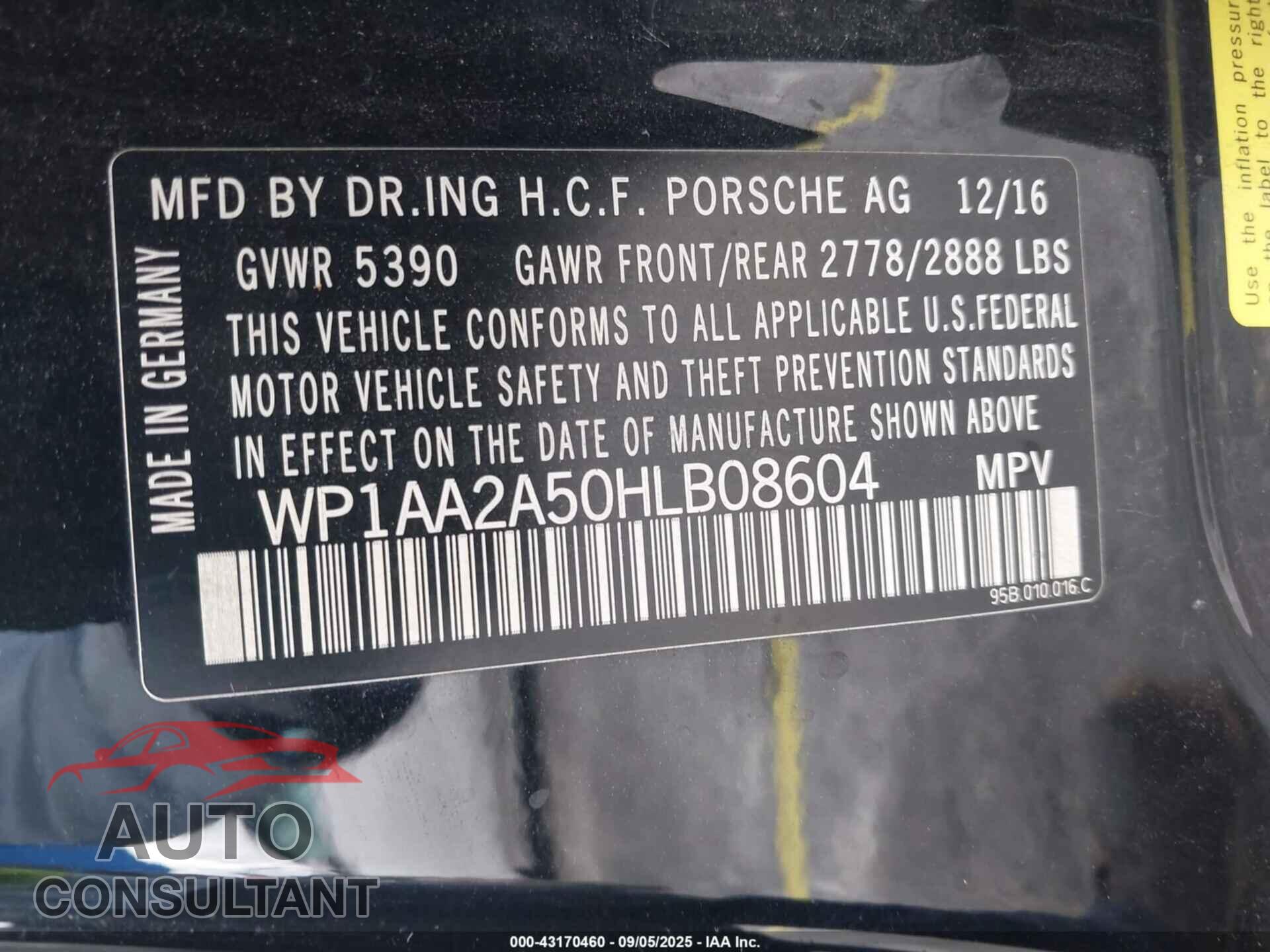 PORSCHE MACAN 2017 - WP1AA2A50HLB08604