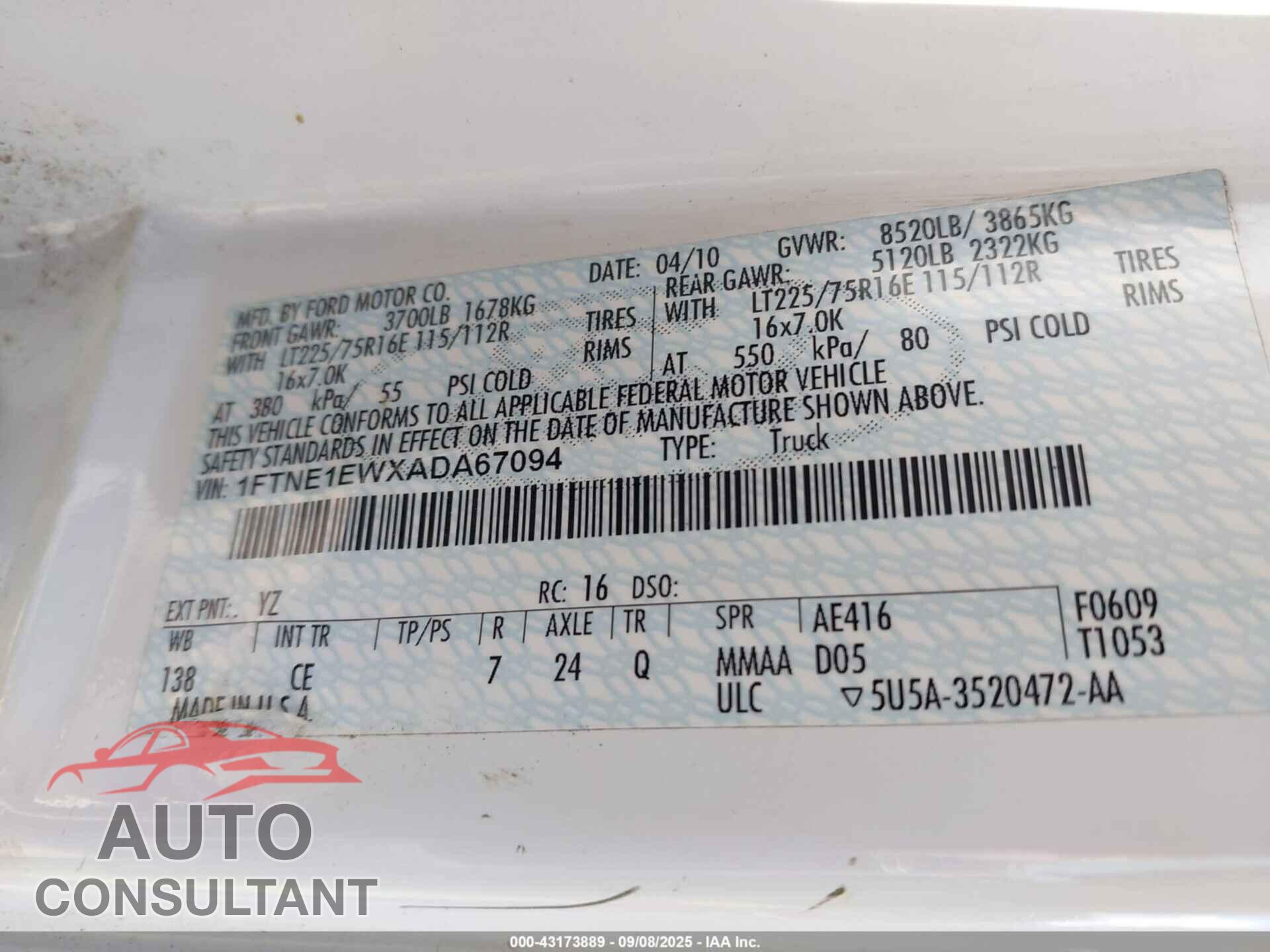 FORD E-150 2010 - 1FTNE1EWXADA67094