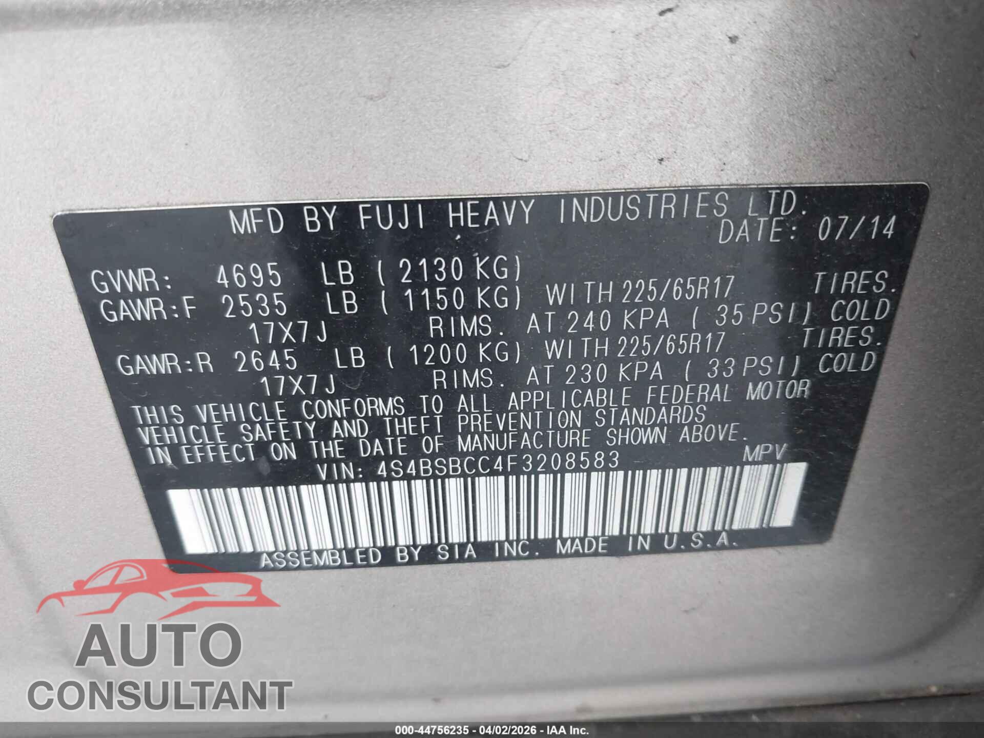 SUBARU OUTBACK 2015 - 4S4BSBCC4F3208583