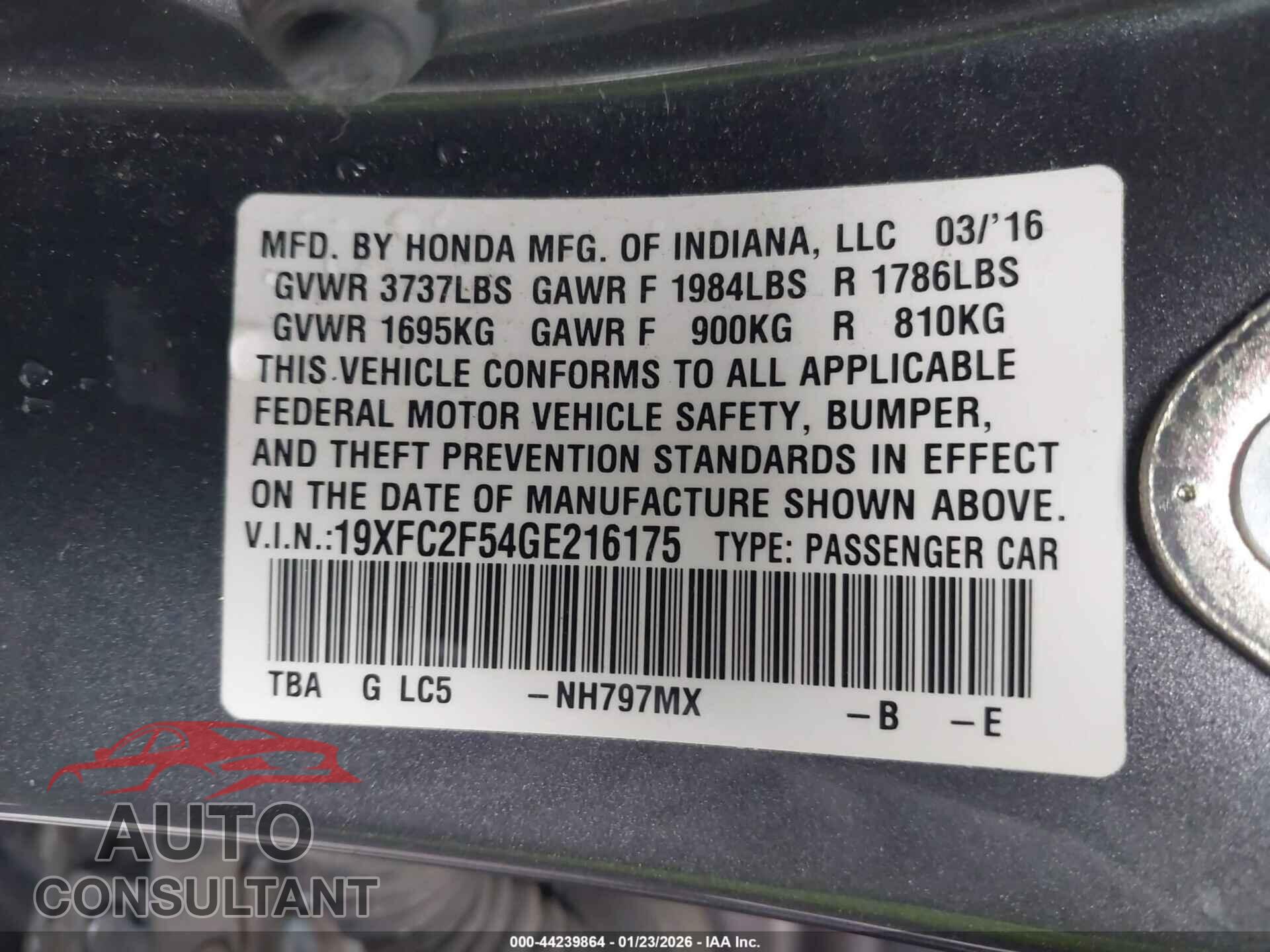 HONDA CIVIC 2016 - 19XFC2F54GE216175