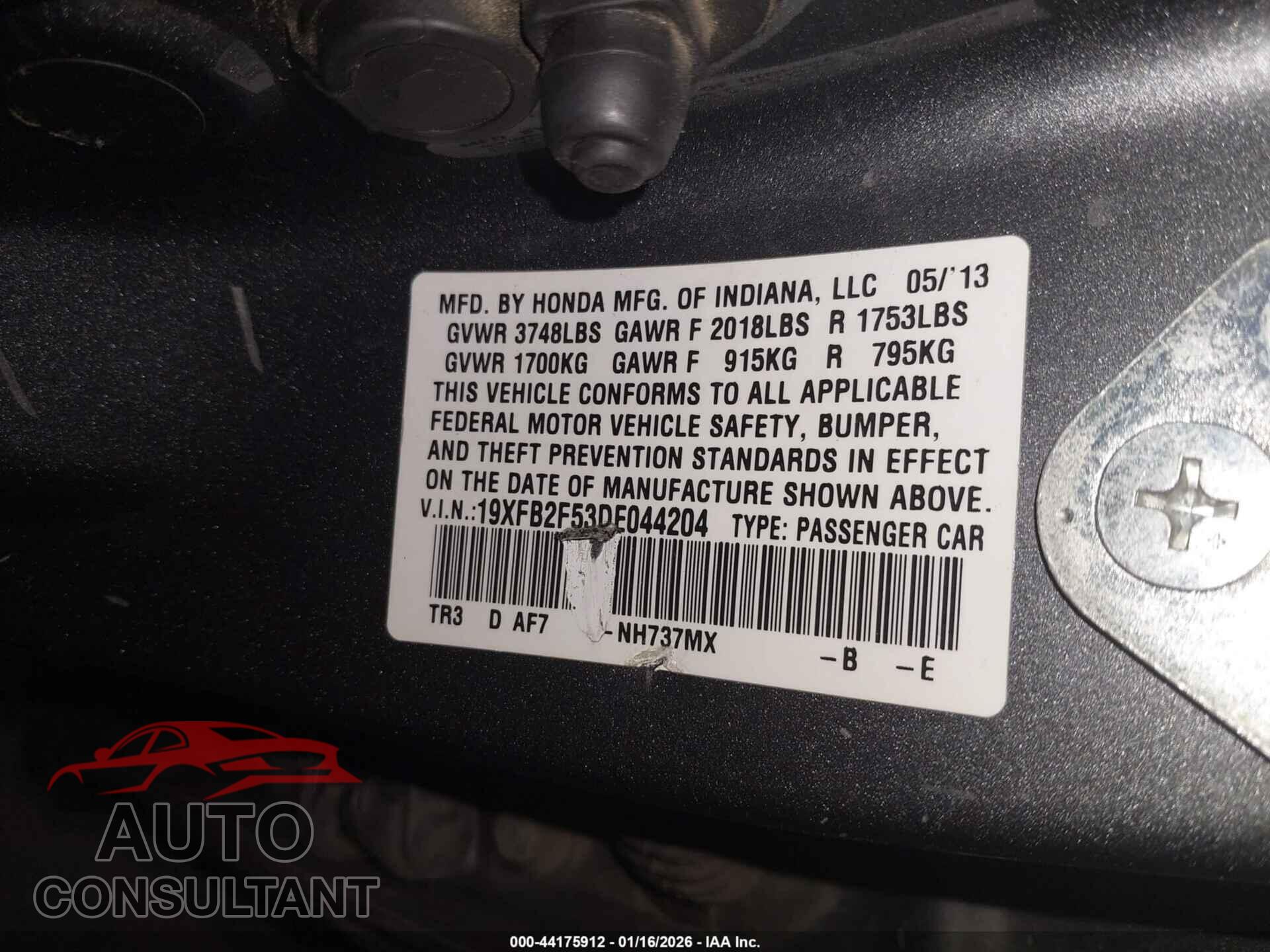 HONDA CIVIC 2013 - 19XFB2F53DE044204