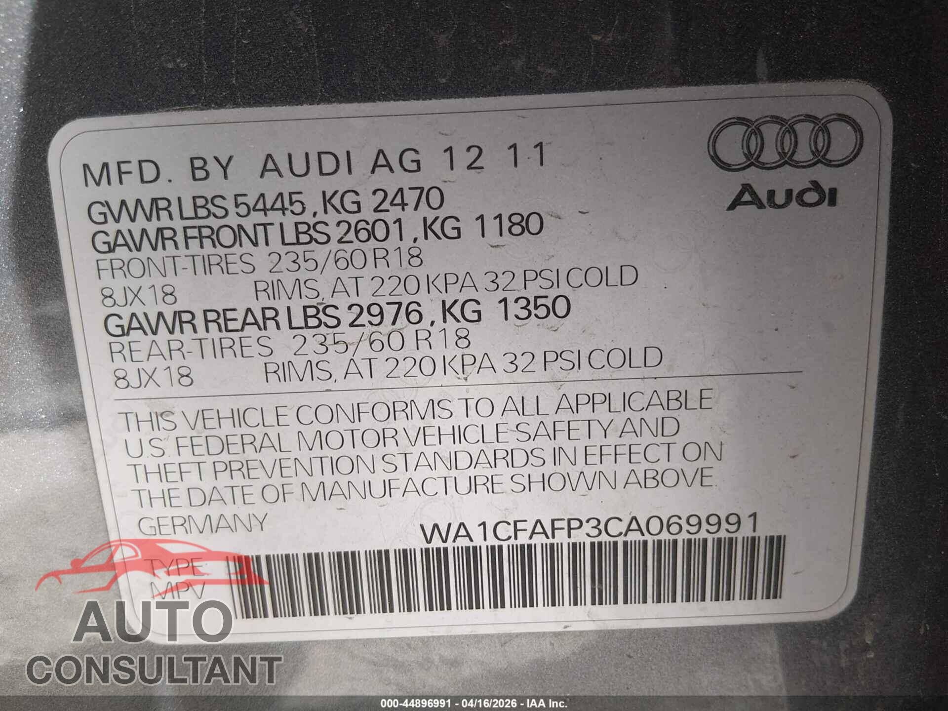 AUDI Q5 2012 - WA1CFAFP3CA069991