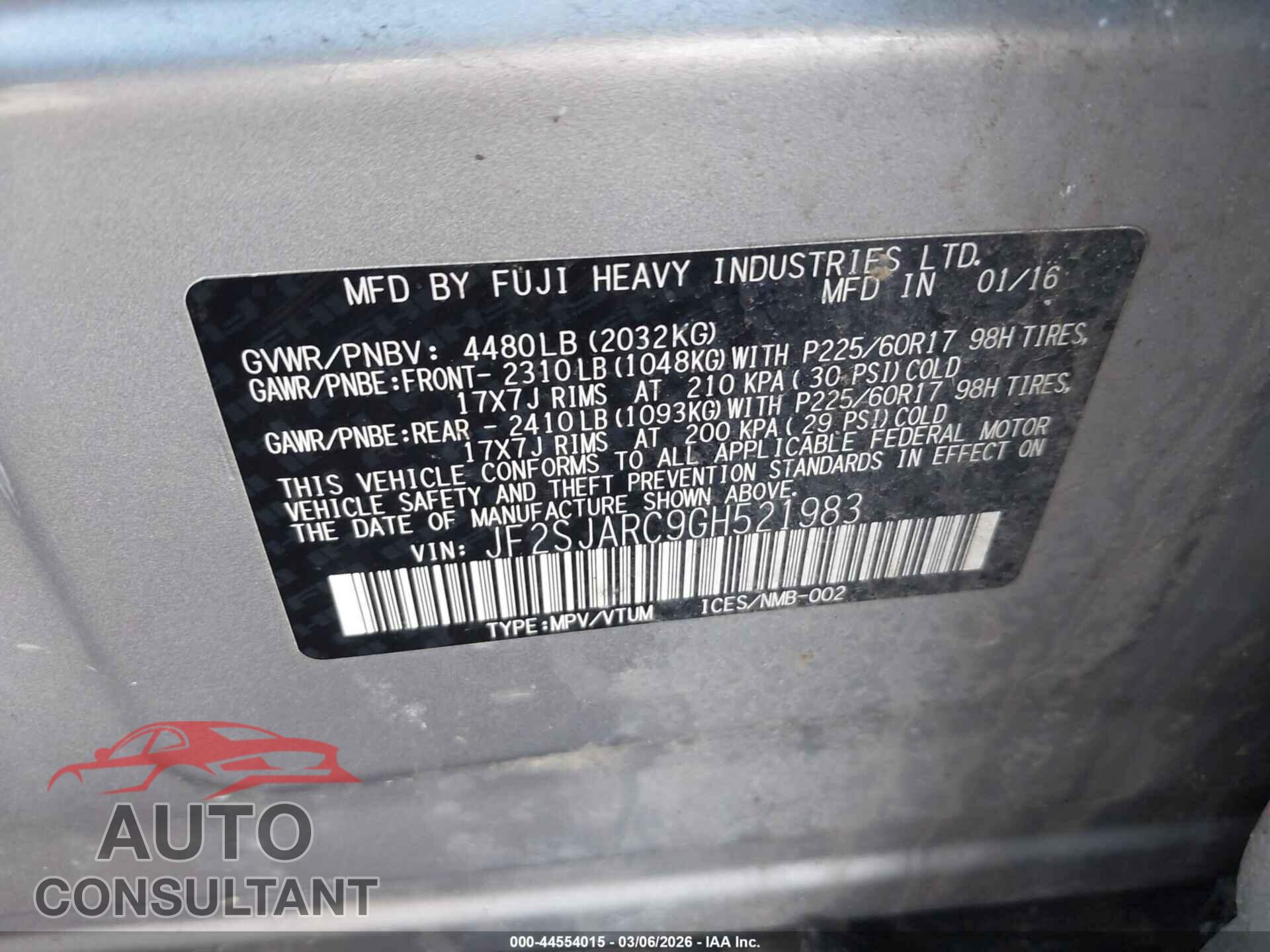 SUBARU FORESTER 2016 - JF2SJARC9GH521983