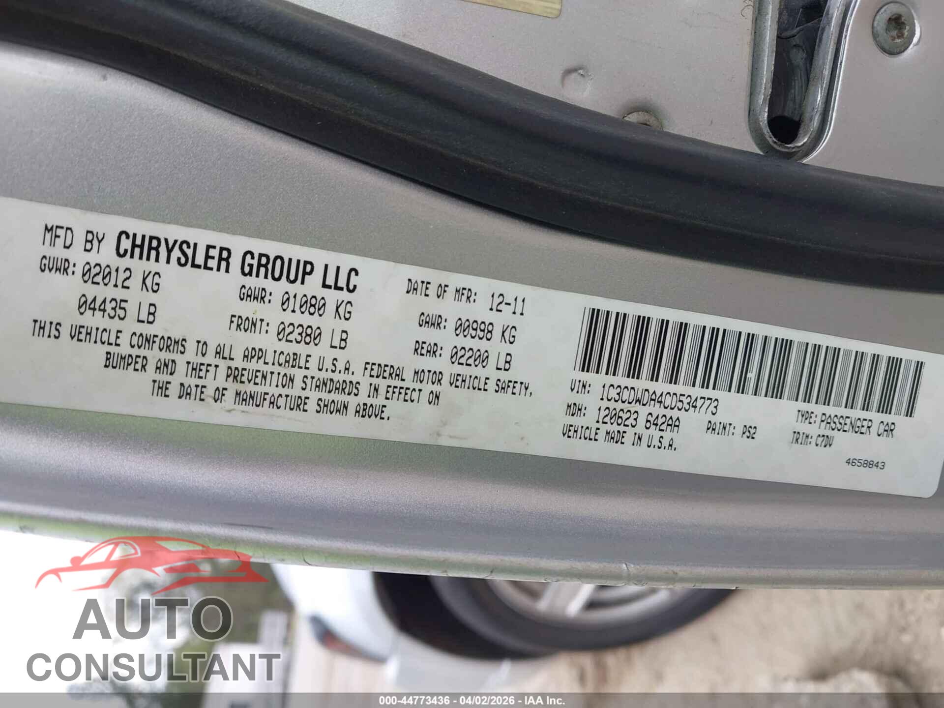 DODGE CALIBER 2012 - 1C3CDWDA4CD534773