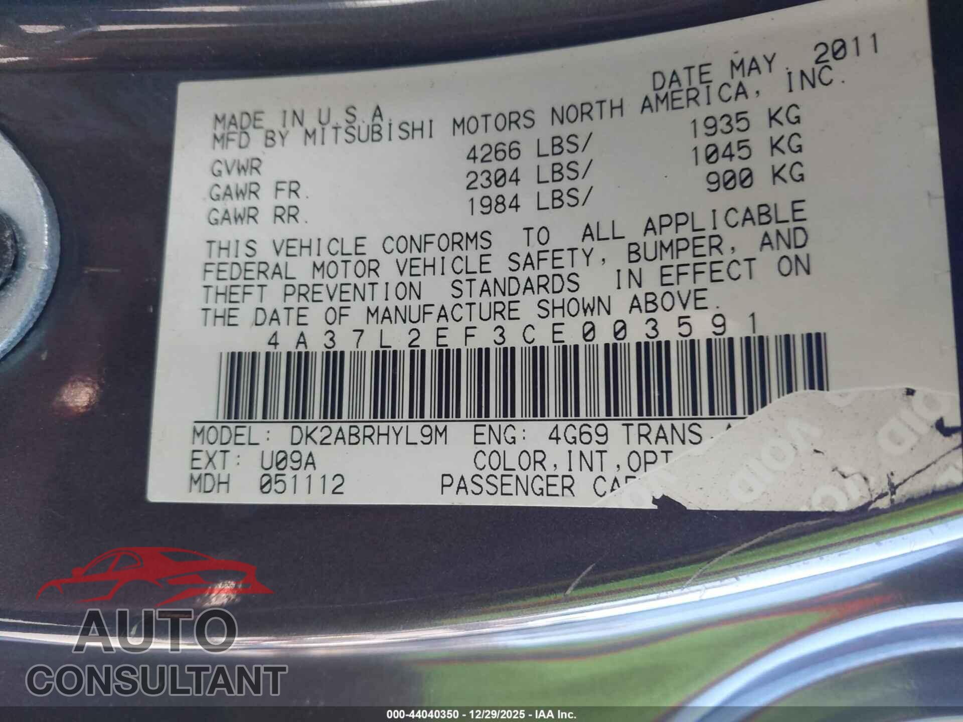 MITSUBISHI ECLIPSE SPYDER 2012 - 4A37L2EF3CE003591