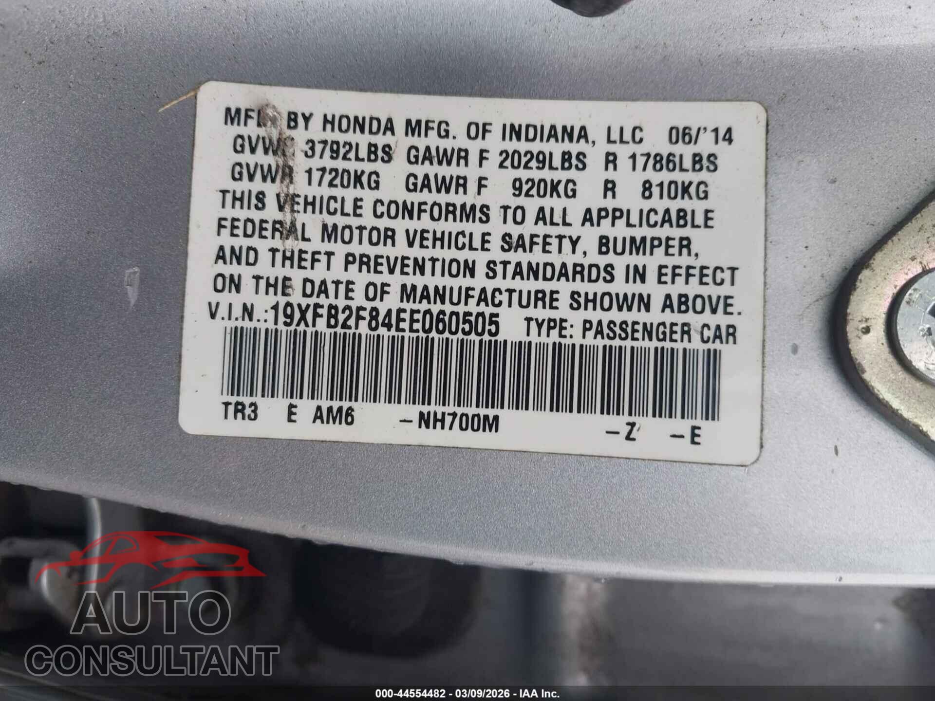 HONDA CIVIC 2014 - 19XFB2F84EE060505
