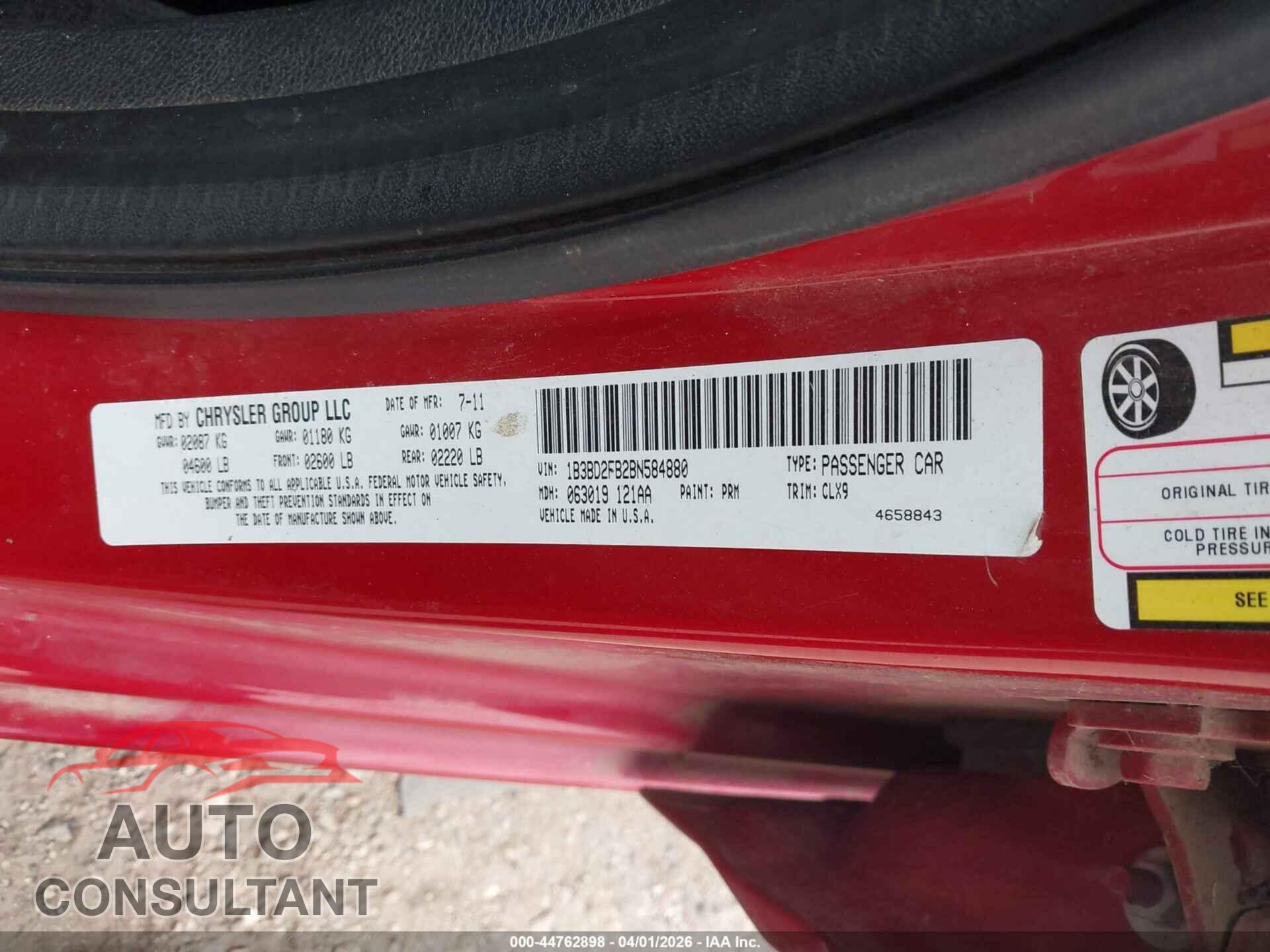 DODGE AVENGER 2011 - 1B3BD2FB2BN584880