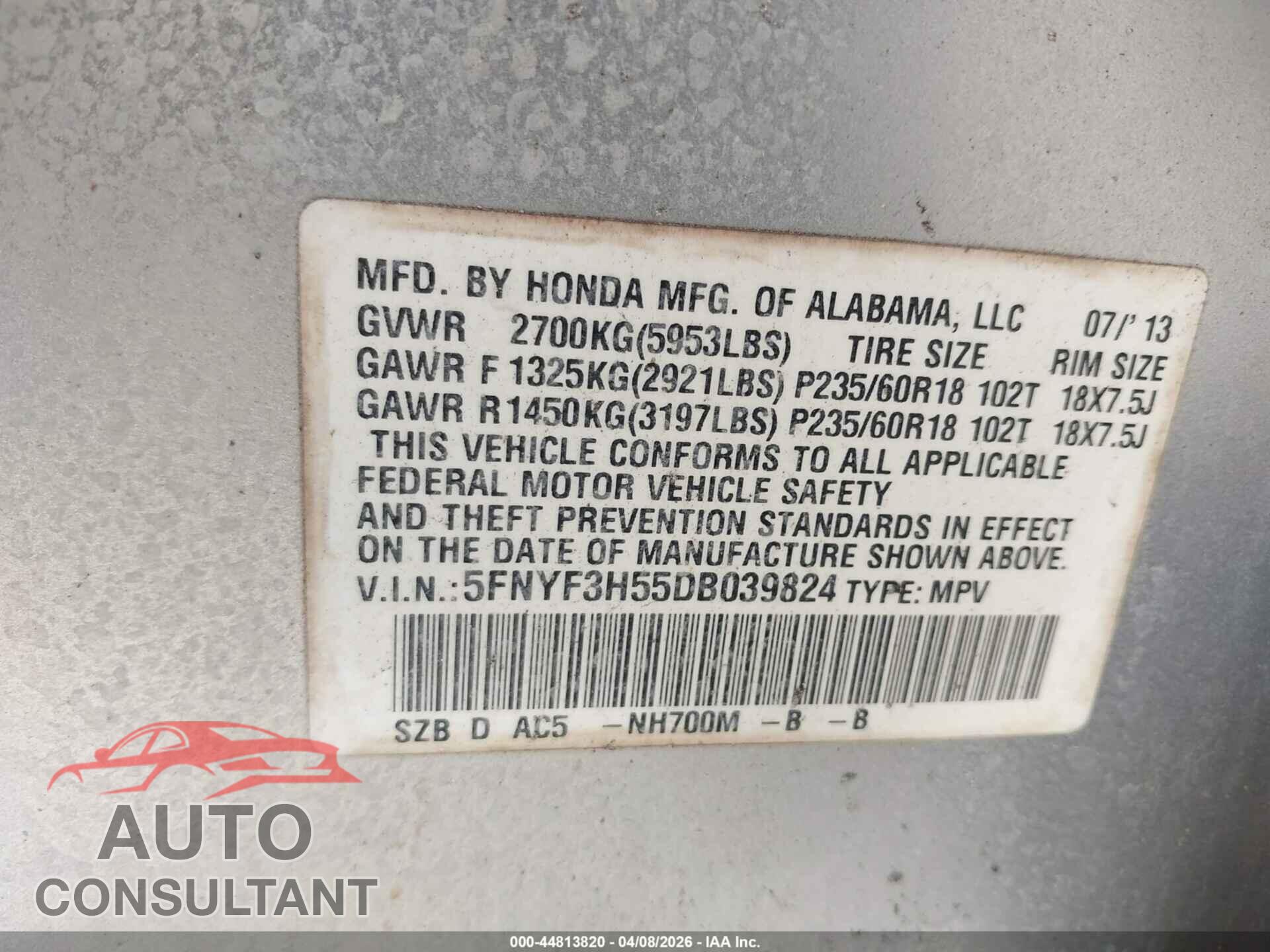 HONDA PILOT 2013 - 5FNYF3H55DB039824