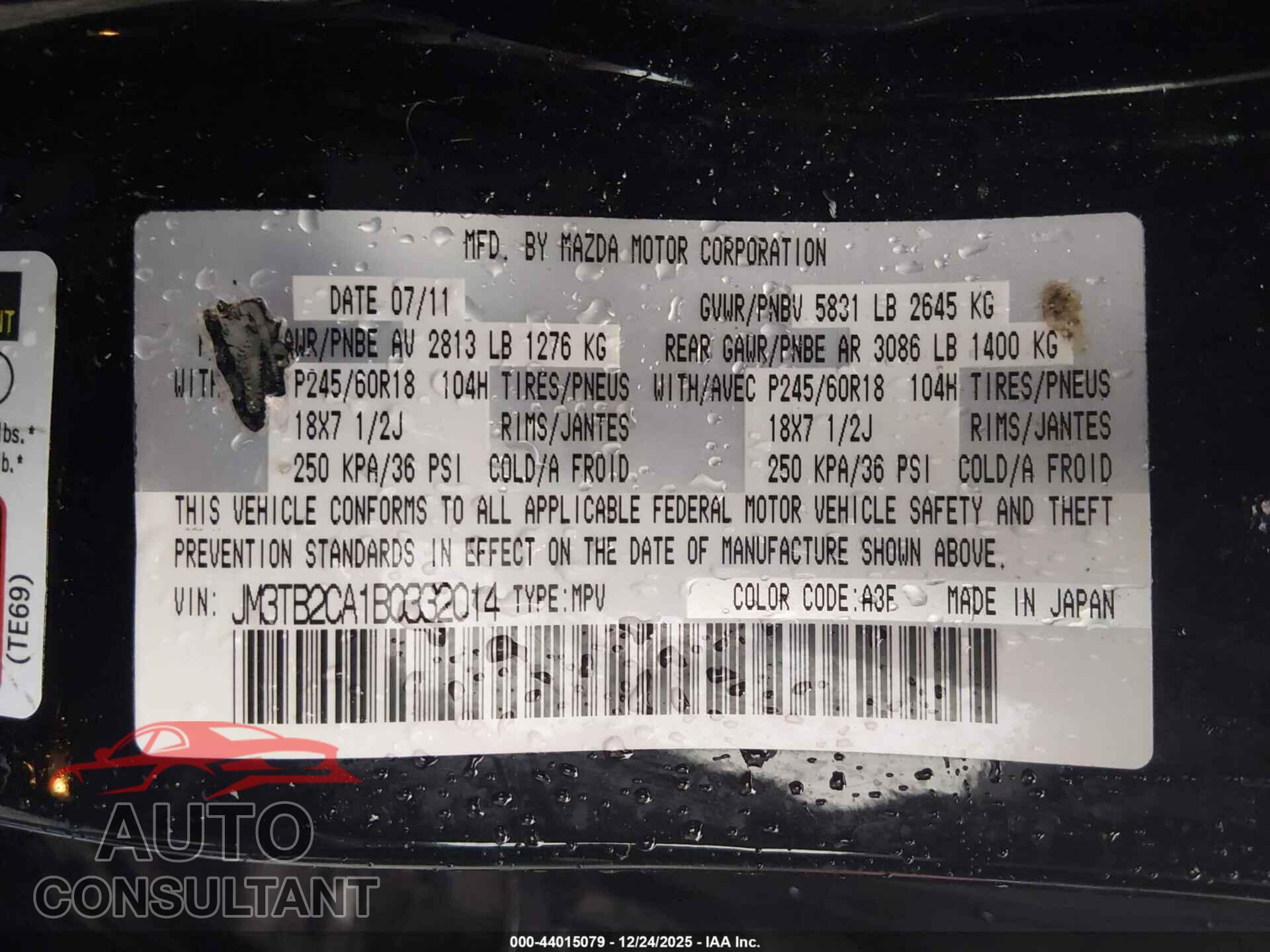 MAZDA CX-9 2011 - JM3TB2CA1B0332014
