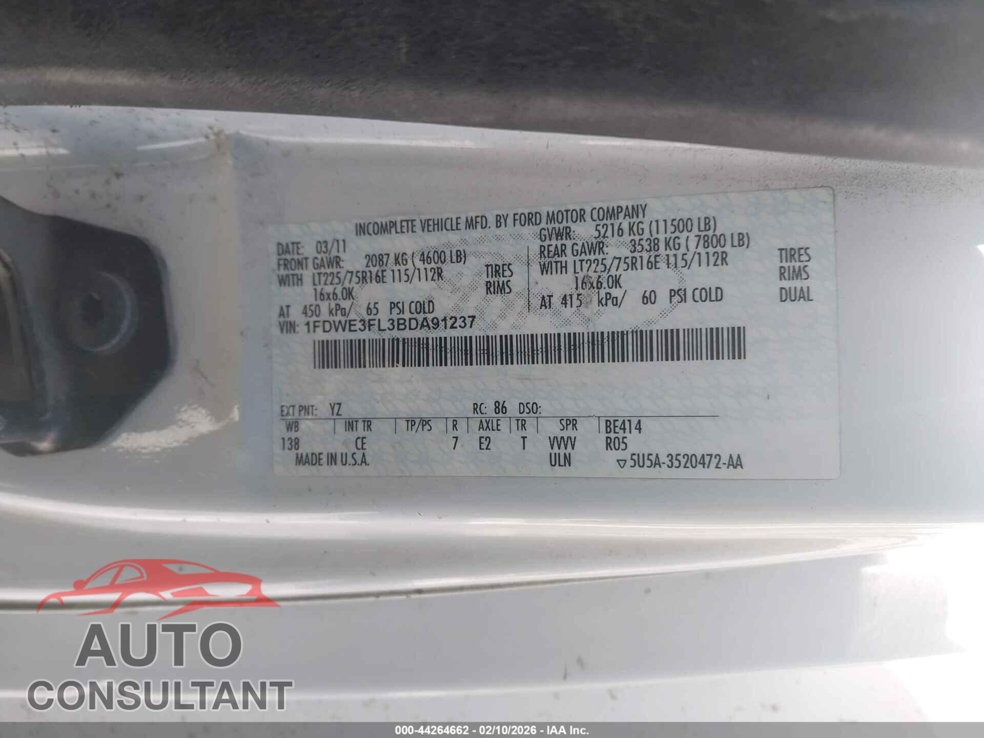 FORD E-350 CUTAWAY 2011 - 1FDWE3FL3BDA91237