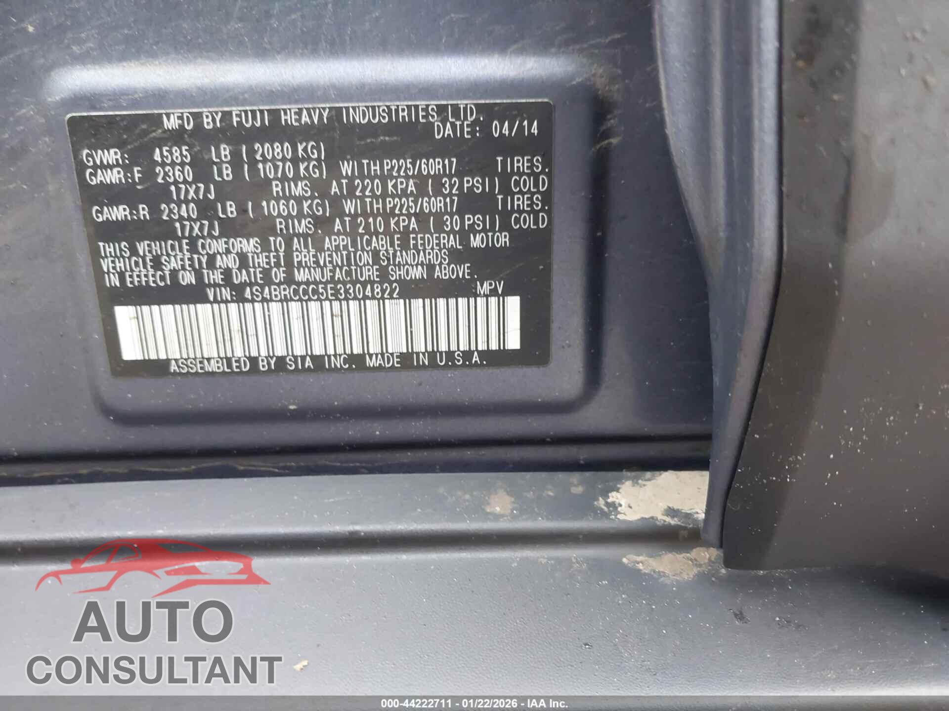 SUBARU OUTBACK 2014 - 4S4BRCCC5E3304822