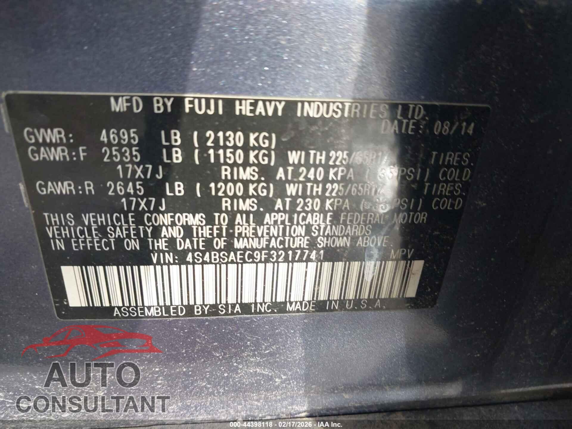 SUBARU OUTBACK 2015 - 4S4BSAEC9F3217741