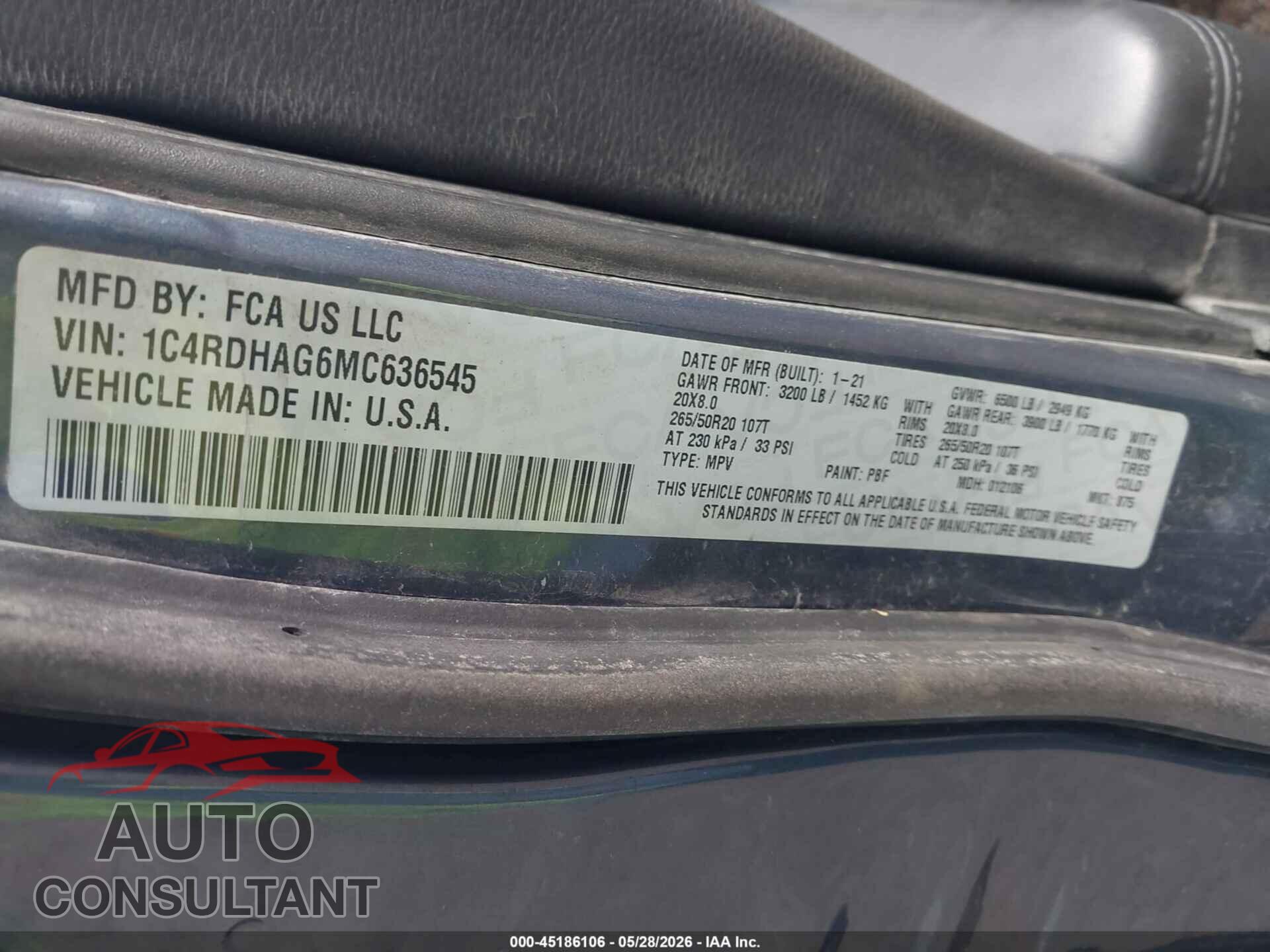 DODGE DURANGO 2021 - 1C4RDHAG6MC636545