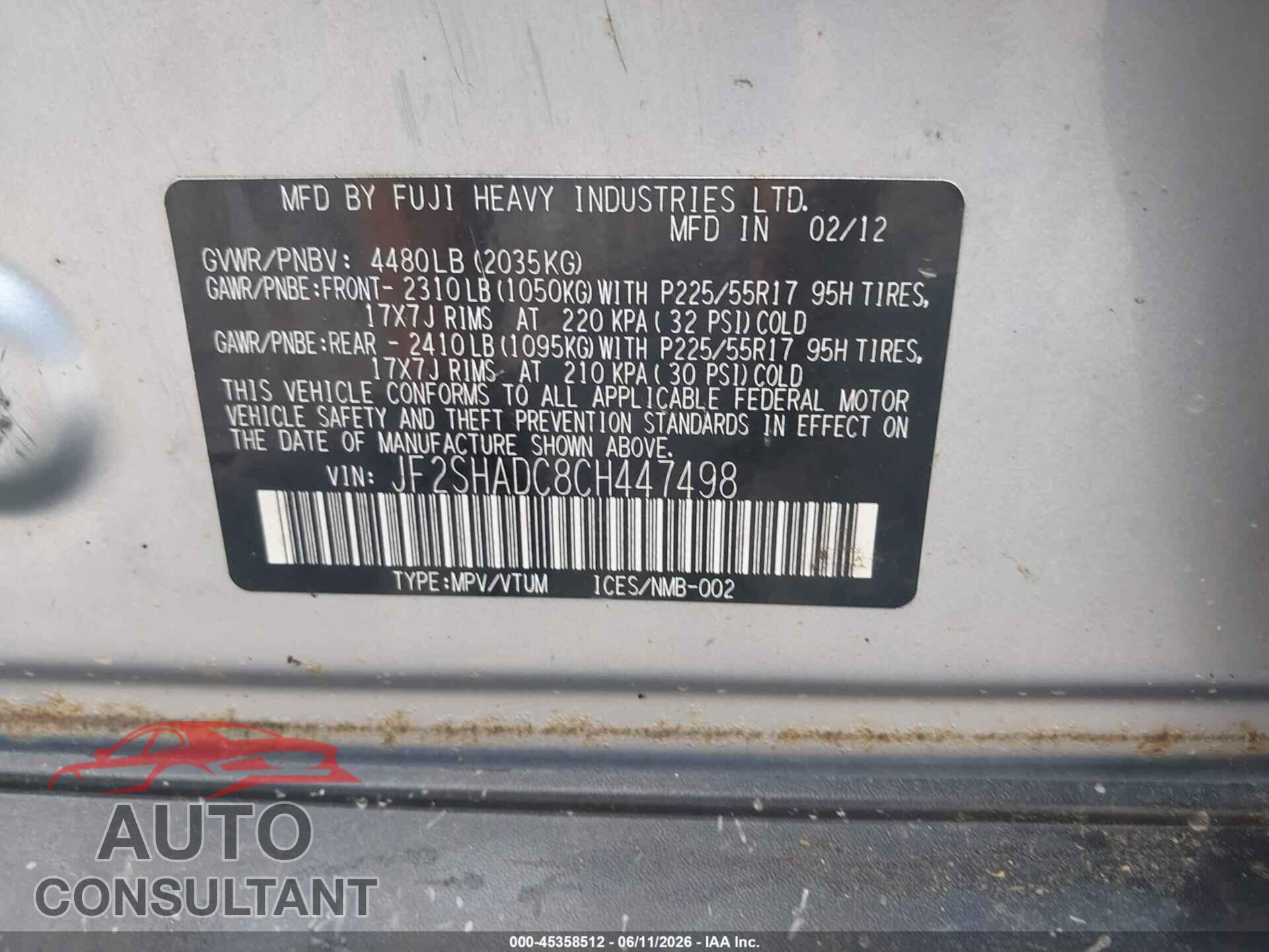 SUBARU FORESTER 2012 - JF2SHADC8CH447498