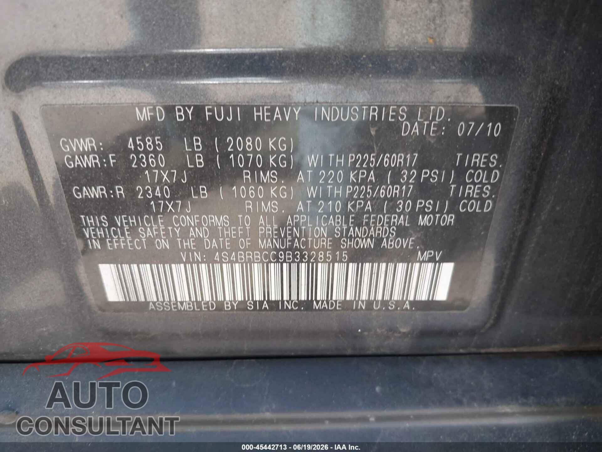 SUBARU OUTBACK 2011 - 4S4BRBCC9B3328515