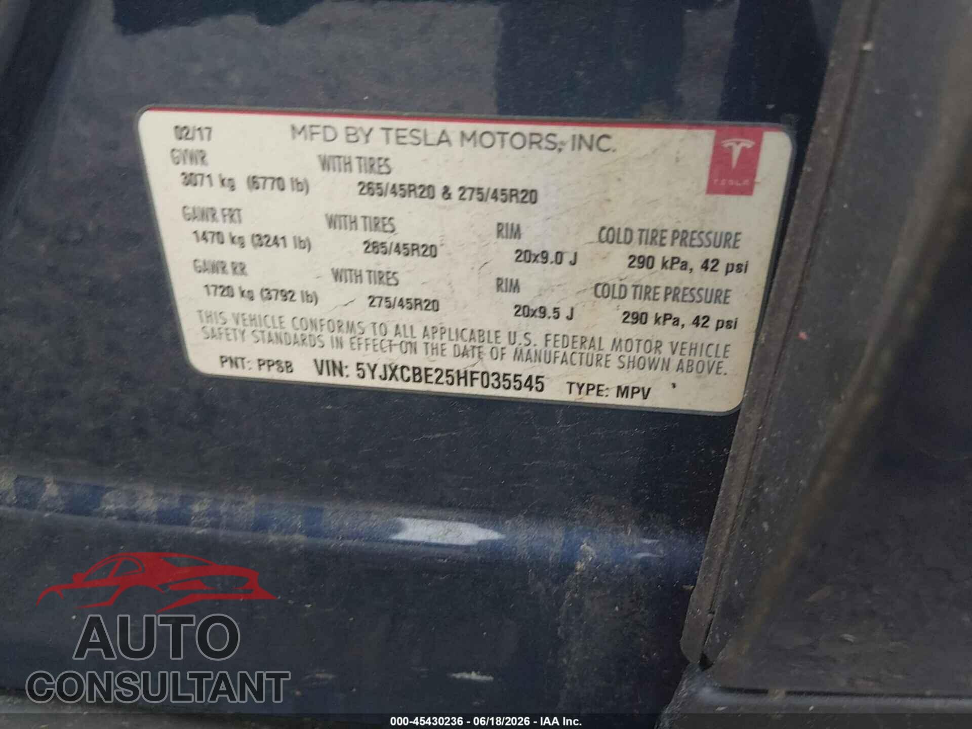 TESLA MODEL X 2017 - 5YJXCBE25HF035545