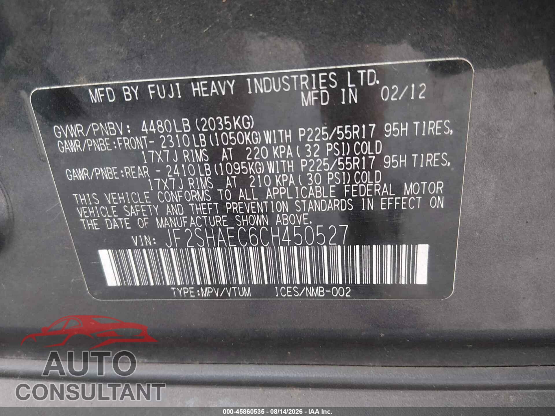 SUBARU FORESTER 2012 - JF2SHAEC6CH450527