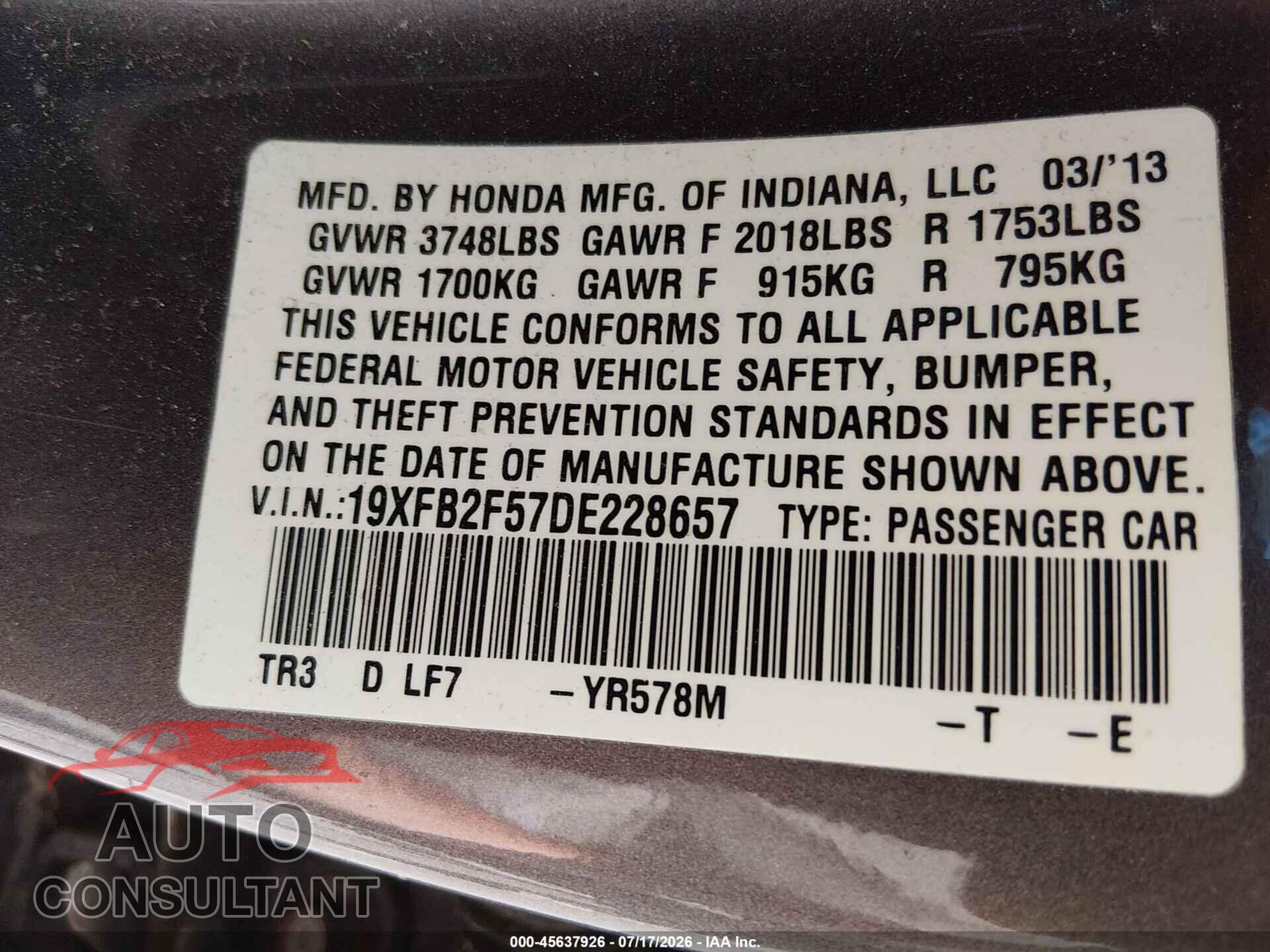 HONDA CIVIC 2013 - 19XFB2F57DE228657