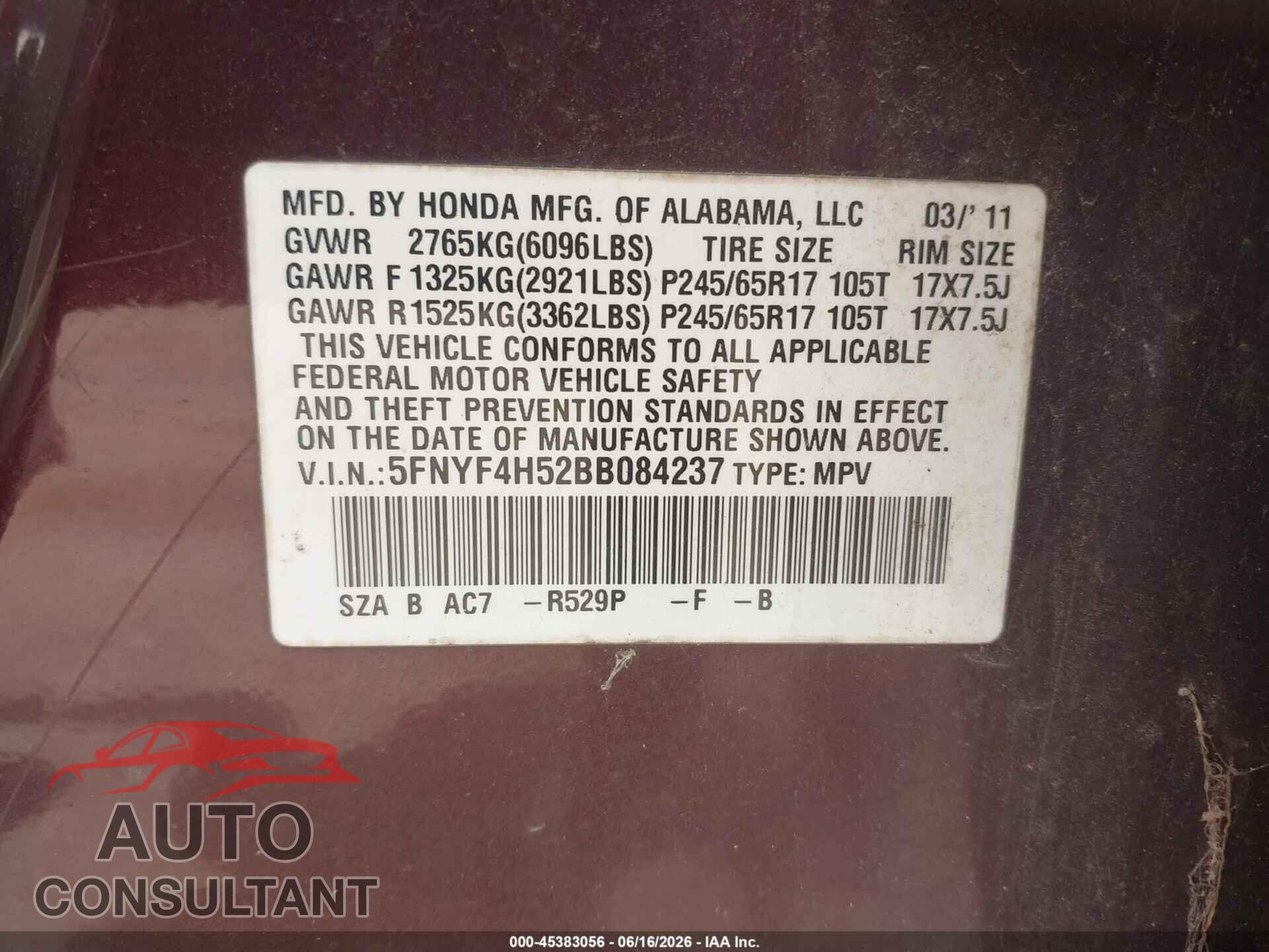 HONDA PILOT 2011 - 5FNYF4H52BB084237