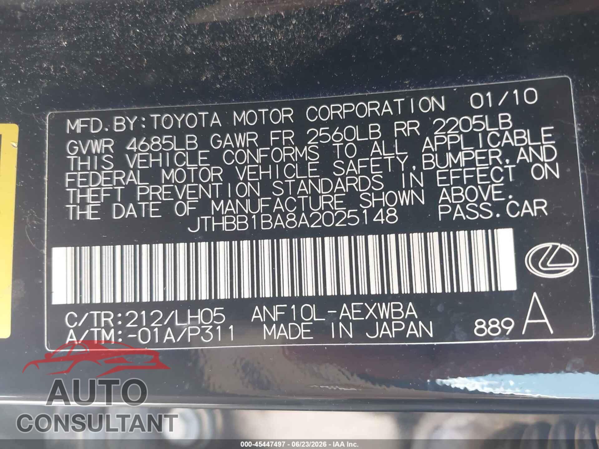 LEXUS HS 250H 2010 - JTHBB1BA8A2025148