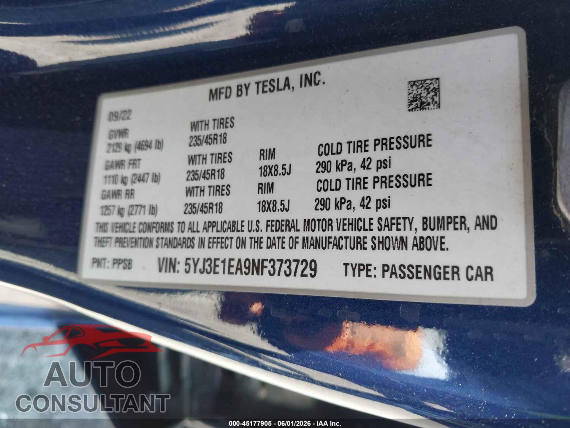 TESLA MODEL 3 2022 - 5YJ3E1EA9NF373729