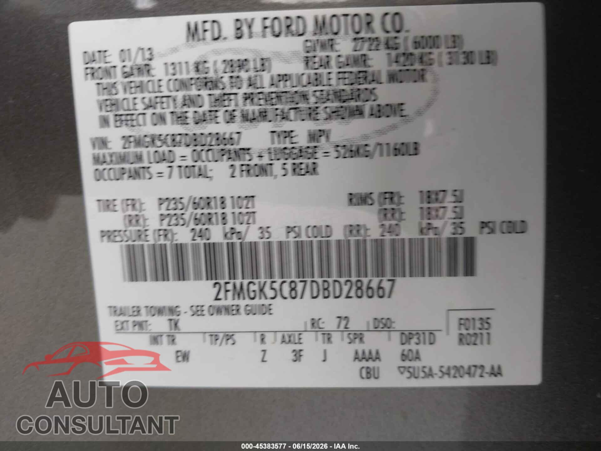 FORD FLEX 2013 - 2FMGK5C87DBD28667