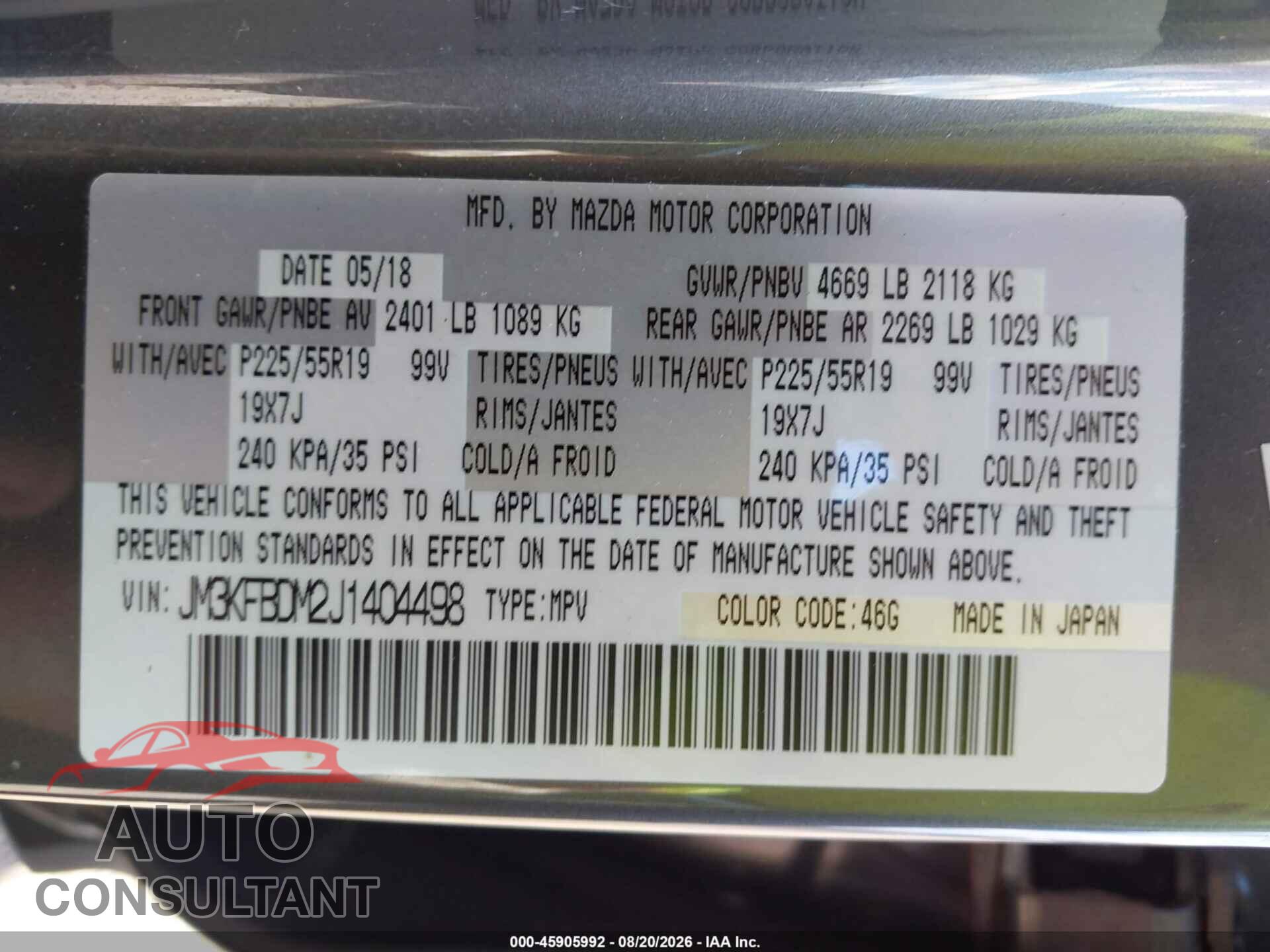 MAZDA CX-5 2018 - JM3KFBDM2J1404498