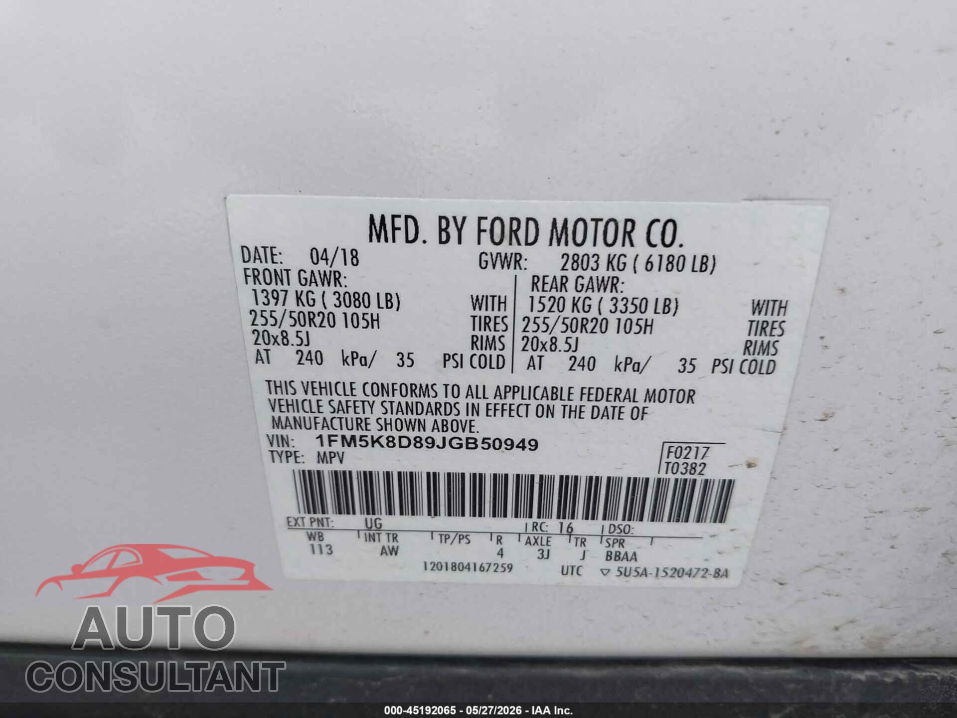 FORD EXPLORER 2018 - 1FM5K8D89JGB50949